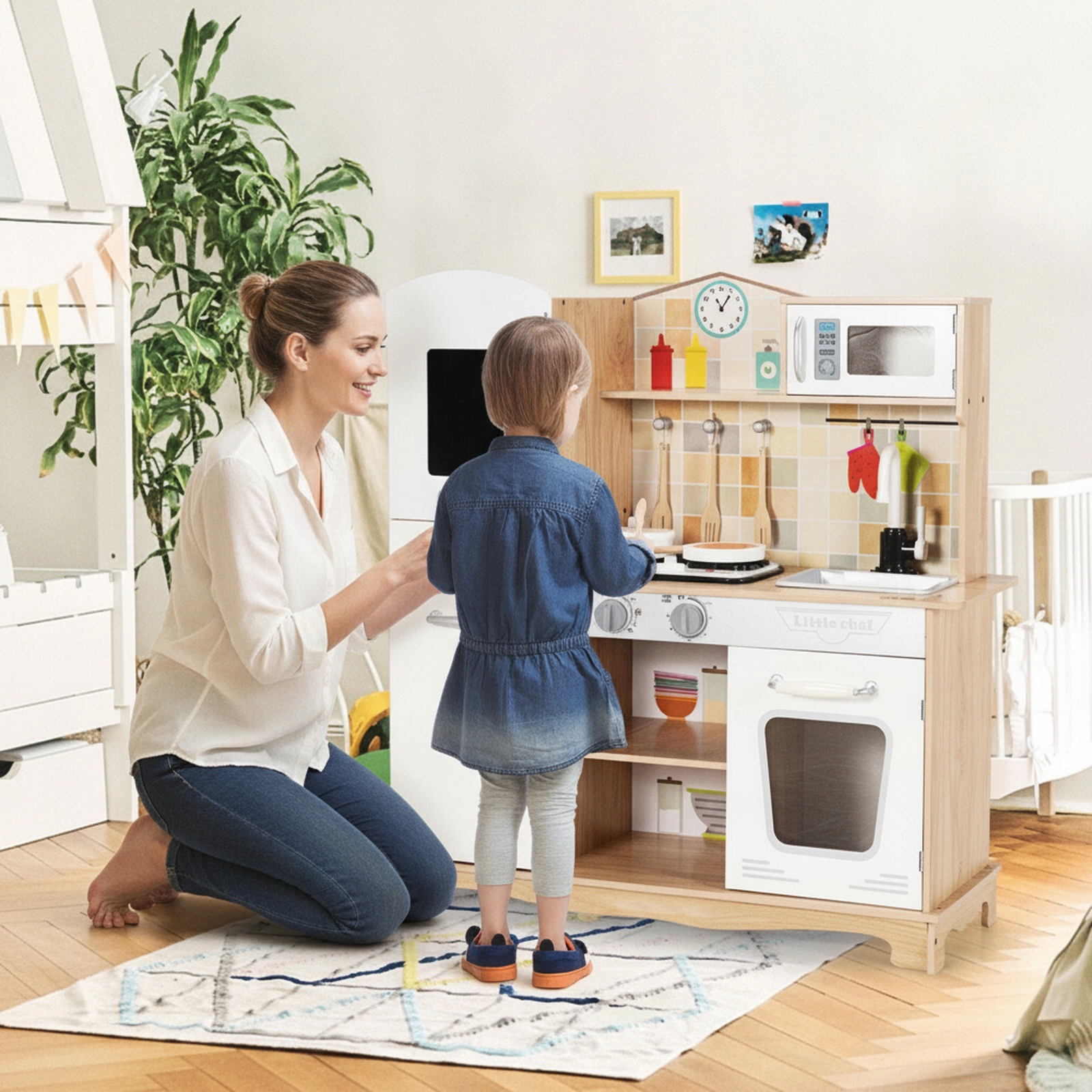 Wooden Play Kitchen Set for Kids Ages 3-7 with Rotating Faucet Oven Microwave and 5-pc Cookware 32-in x 11.5-in x 35-in