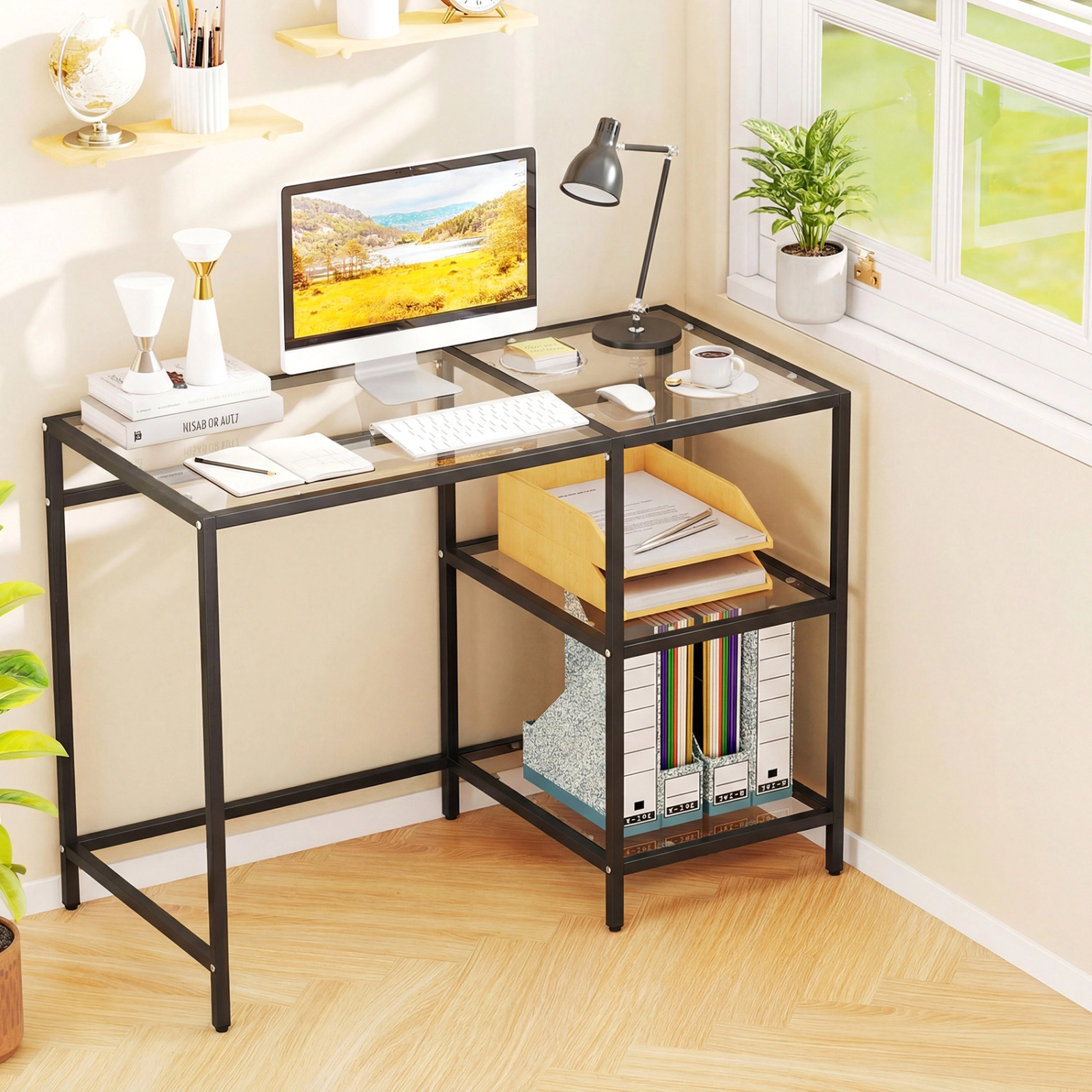 SUGIFT 42-Inch Modern Tempered Glass Console Table with Gold Metal Frame and Detachable Lower Shelf