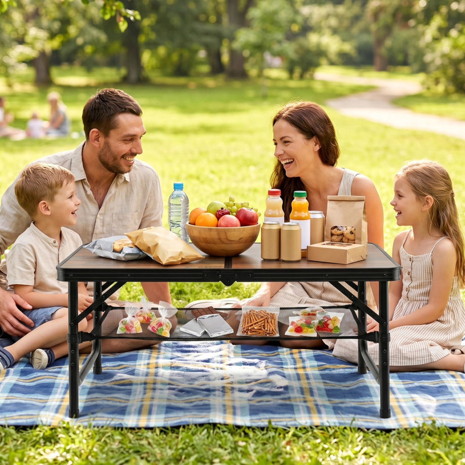 SUGIFT Brown Folding Camping Table with Storage Net 37-in W 24-in D 16-in H to 28-in H 135-lb Tabletop Capacity