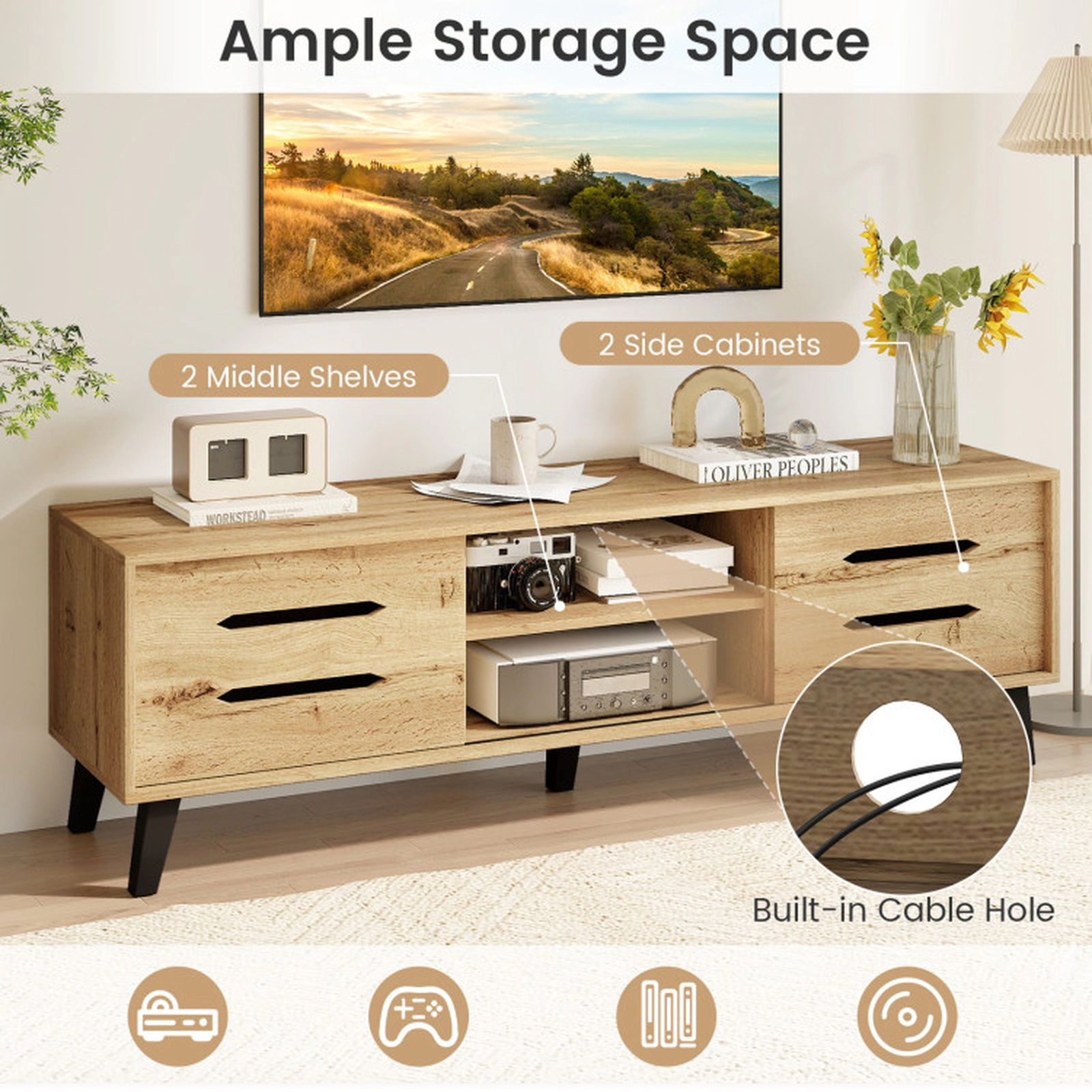 SUGIFT 59 in TV Stand Natural Mid Century Console with Sliding Doors and Cable Hole
