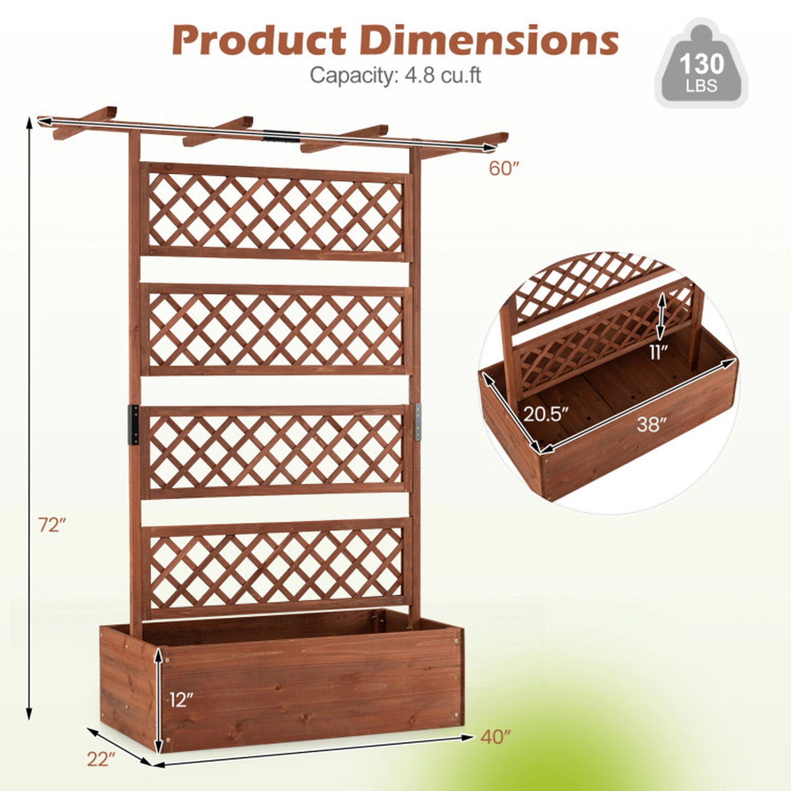 SUGIFT Wooden Planter Box with Lattice Trellis Raised Garden Bed Privacy Screen 130-lb Capacity 38-in Wide Brown/Orange