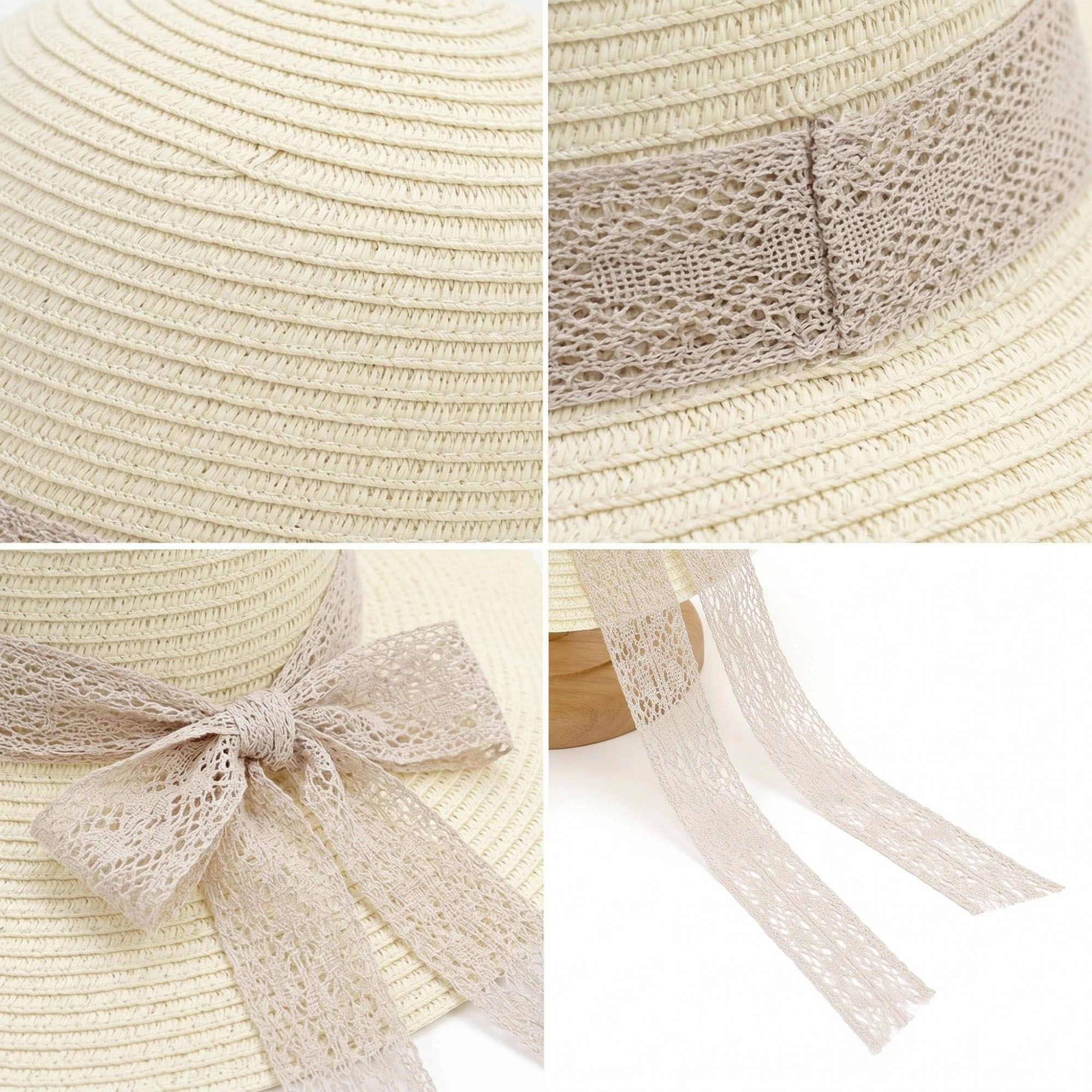Women's Wide Brim Straw Sun Hat Lace Ribbon Tie Lightweight Summer Beach