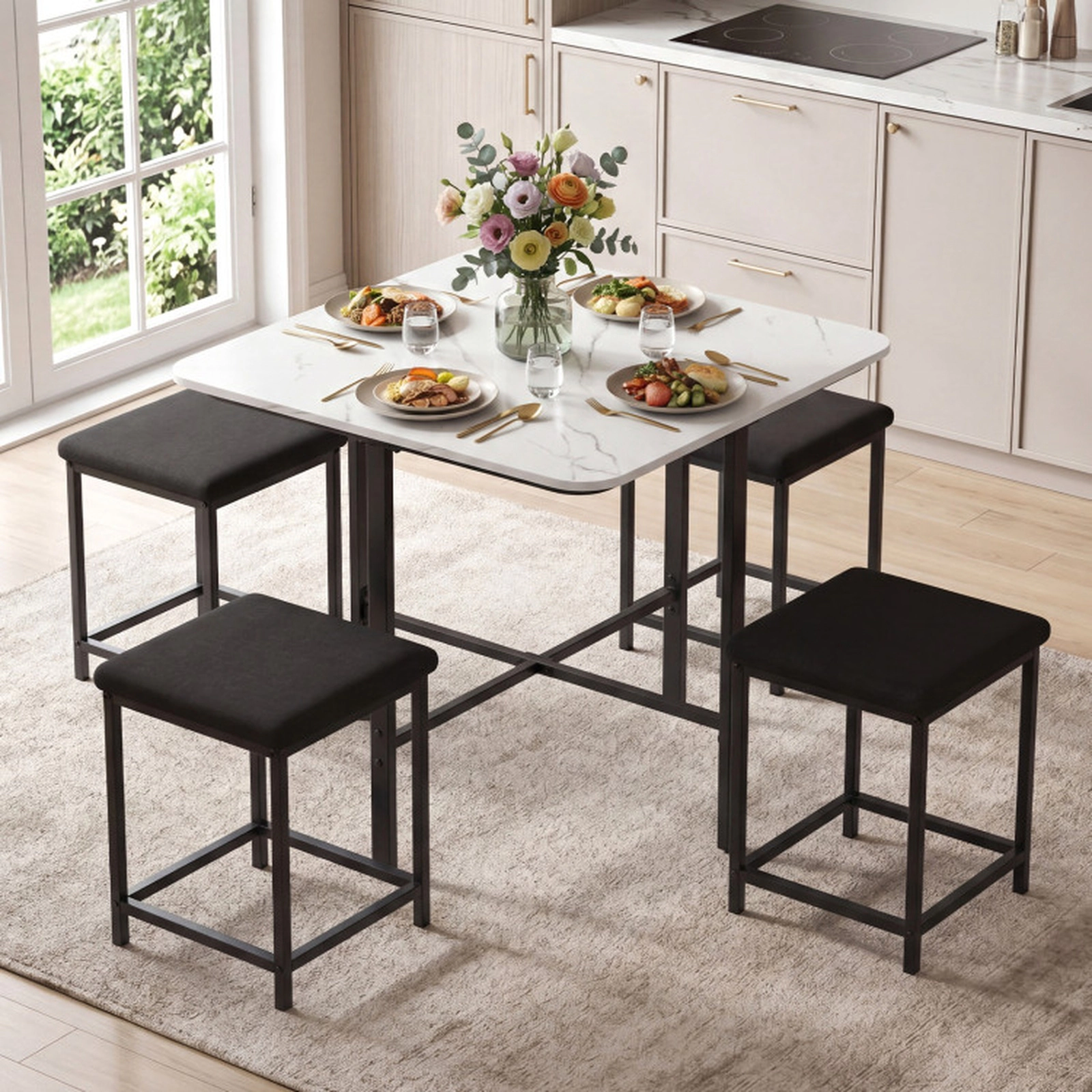 SUGIFT 35.5-in Square Dining Table Set with 4 Upholstered Stools and Metal Frame 180-lb Tabletop Capacity White