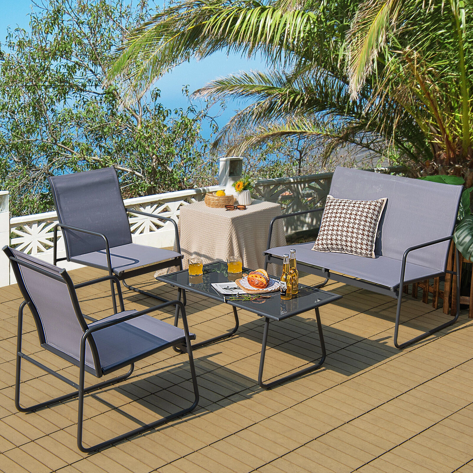 SUGIFT Tempered Glass Coffee Table and Loveseat 4-Piece Gray Metal Patio Chat Set