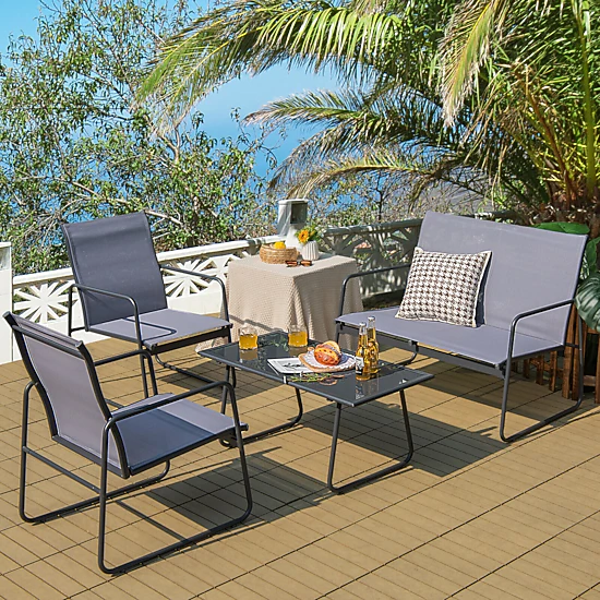 SUGIFT Tempered Glass Coffee Table and Loveseat 4-Piece Gray Metal Patio Chat Set