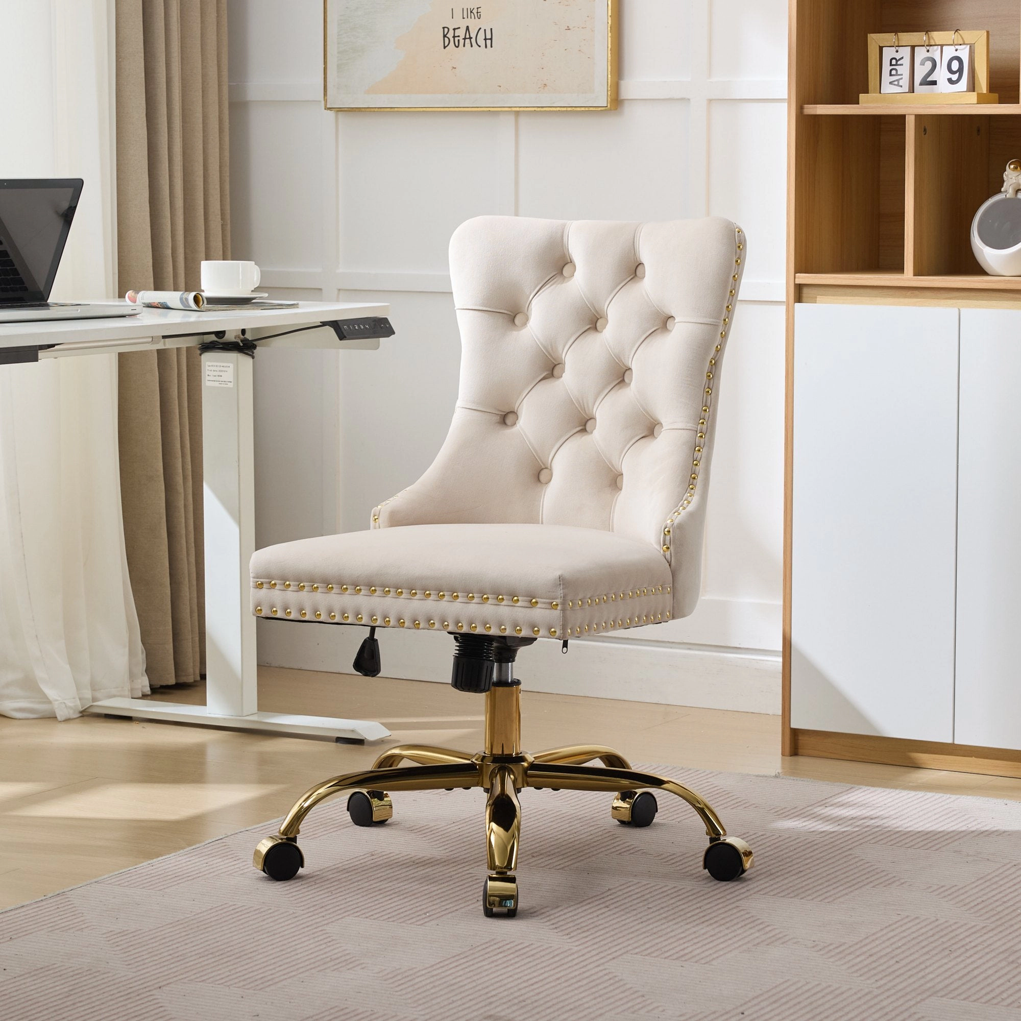 Platinum-Level Office Chairs Beige Velvet Tufted Office Chair, Modern Swivel Desk Chair