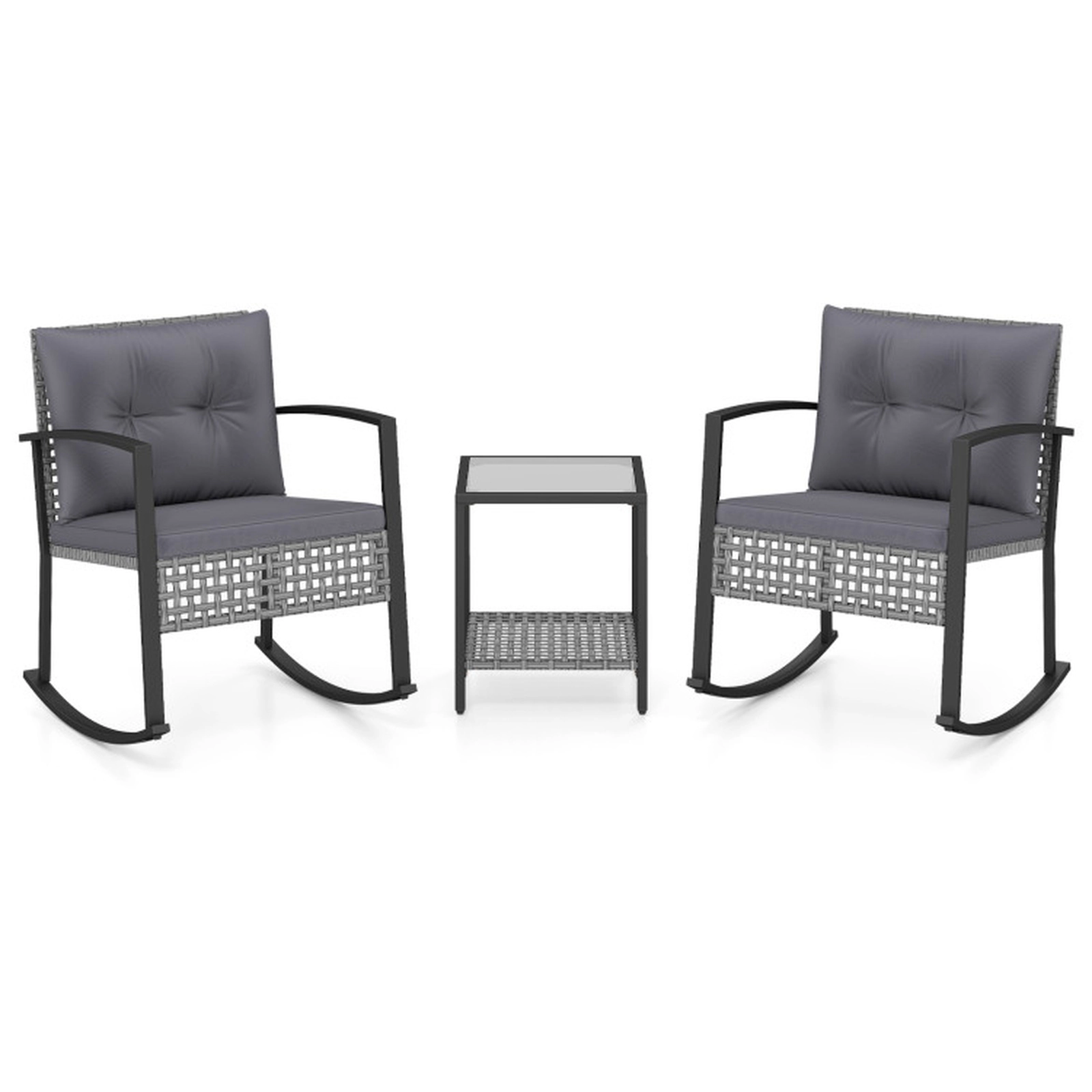 SUGIFT 3-Piece Gray Patio Rocking Chair Set with 2-Tier Glass-Top Table