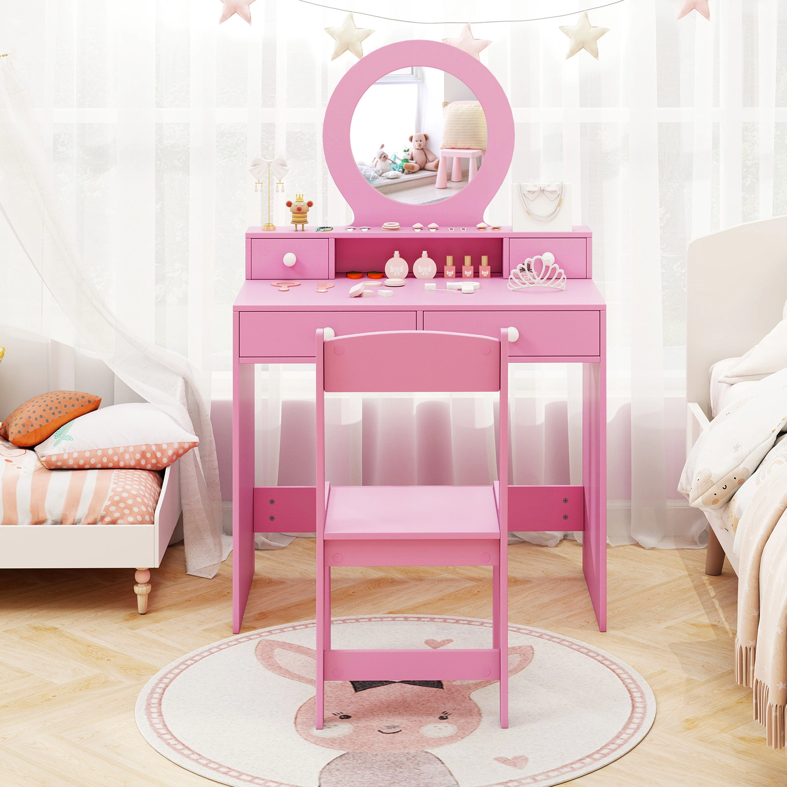 SUGIFT Kids Vanity Table and Chair Set with Acrylic Mirror 110-lb Tabletop and 165-lb Chair Capacity Ages 3+ Pink/White