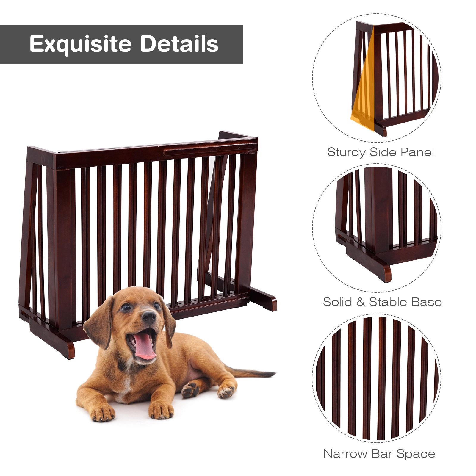 SUGIFT Brown Folding Adjustable Free Standing 3 Panel Wood Pet Gate