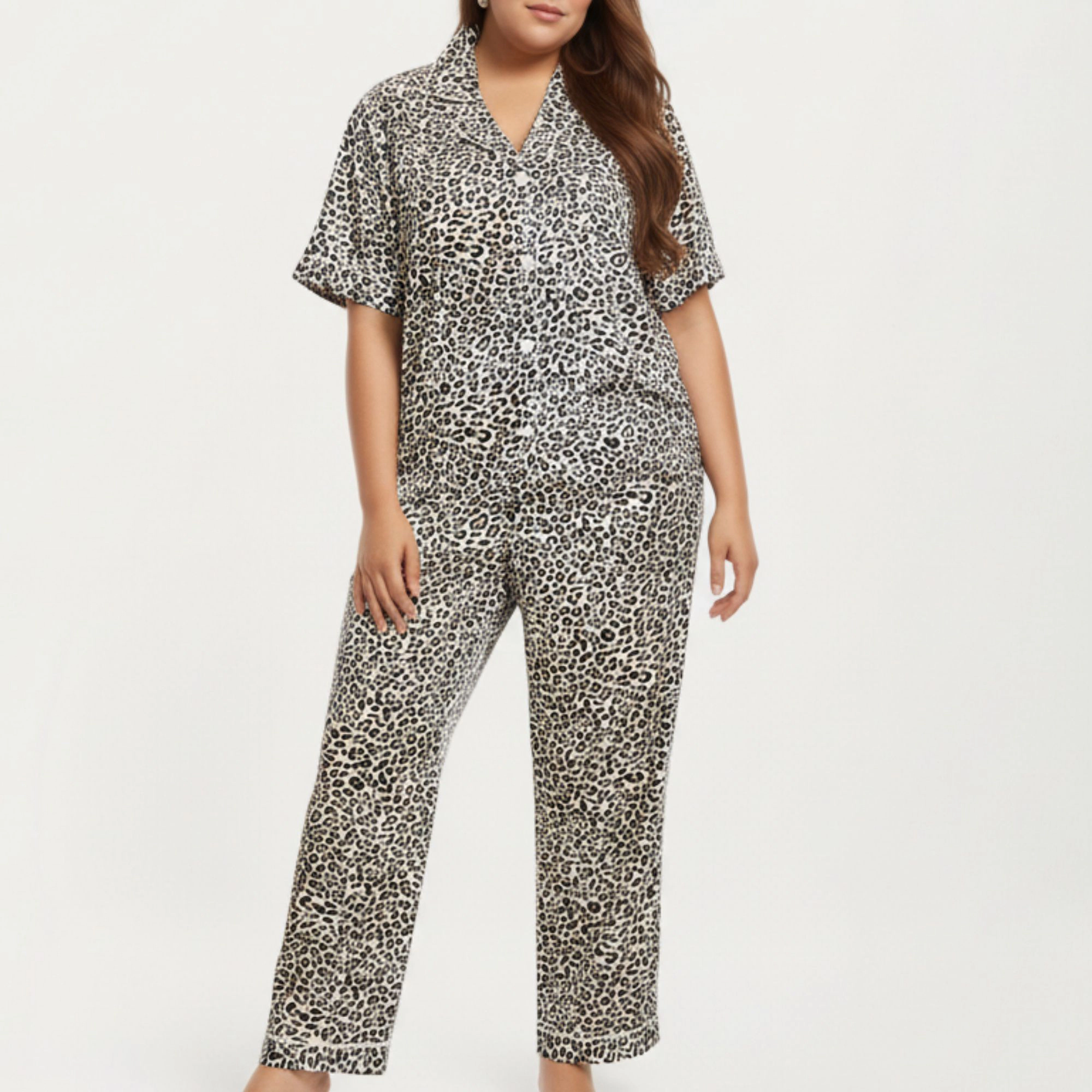 Anna-Kaci Women's Plus Leopard Print Pajama Set Soft Satin Finish Relaxed Button Front Top and Straight Leg Pants
