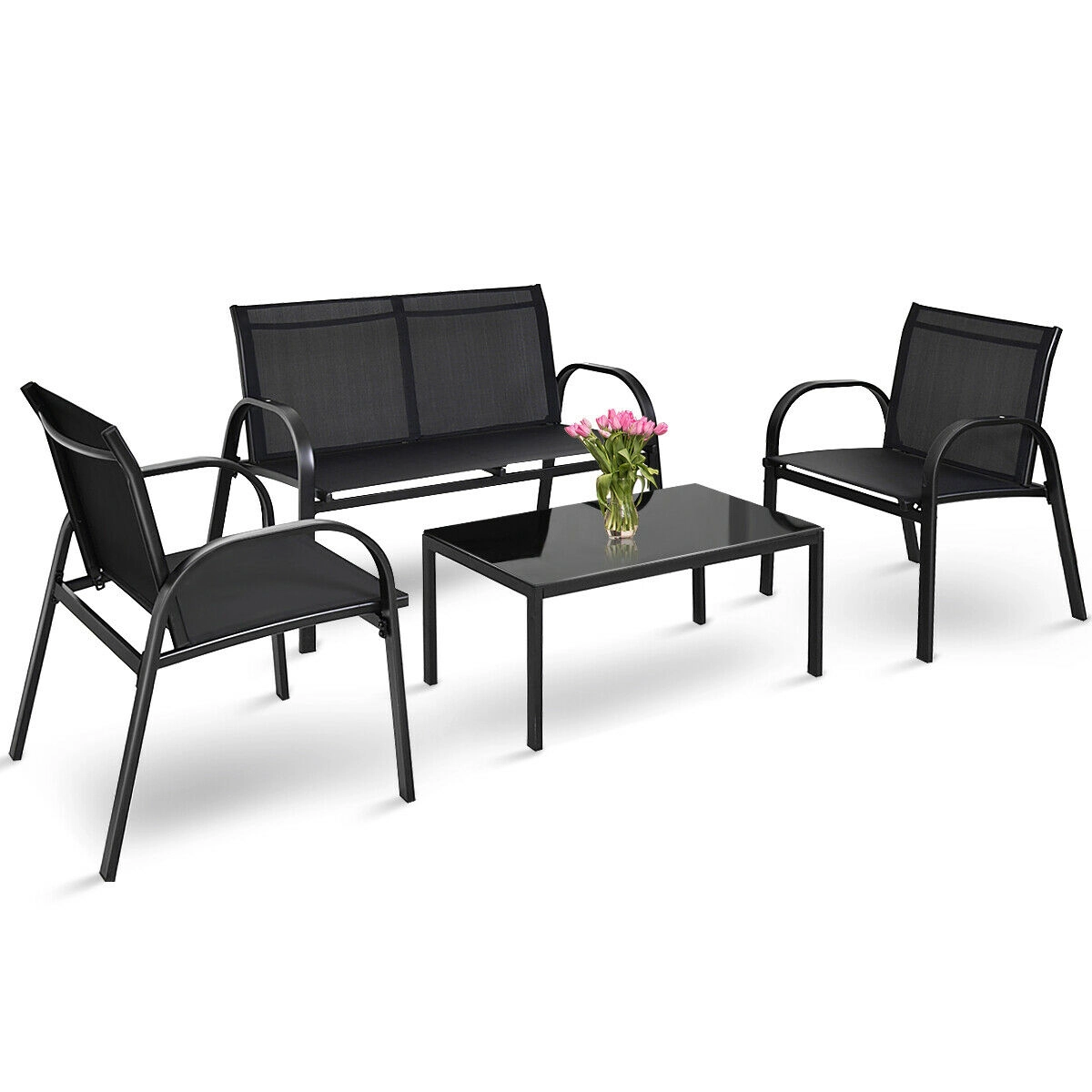 SUGIFT 4-Piece Black Patio Conversation Set, Loveseat, 2 Armless Sofas, Glass-Top Tea Table