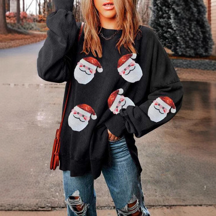 KOJOOIN Women's Christmas Santa Sweatshirt Oversized Side Slit Graphic Pullover Top Xmas Holiday Shirt