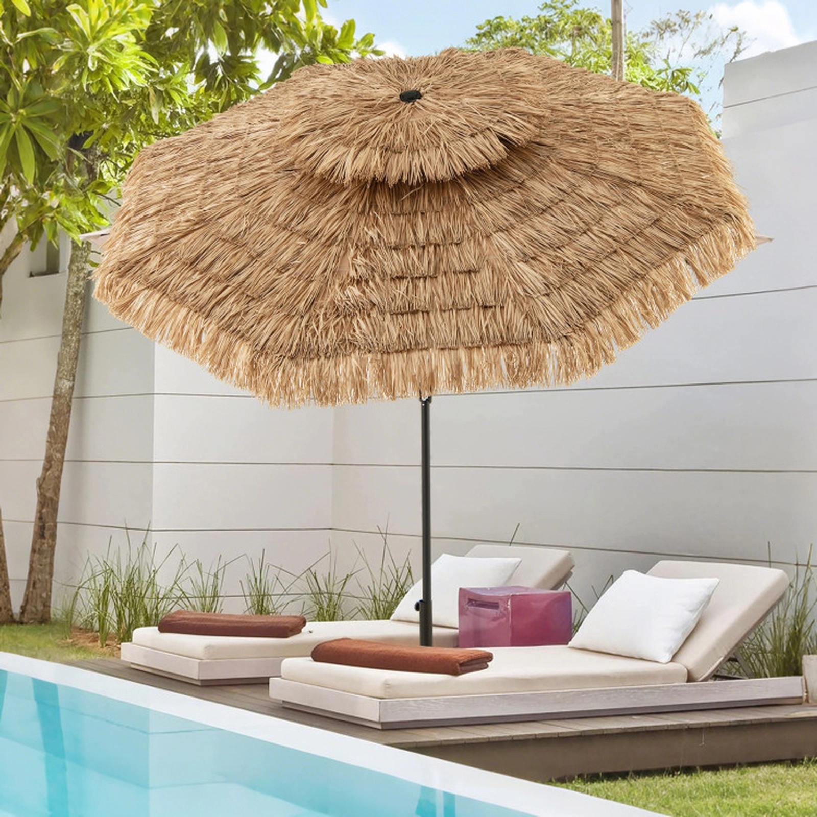 SUGIFT 10-ft Brown 2-Tier Tiki Patio Umbrella, Crank Lift, Push-Button Tilt