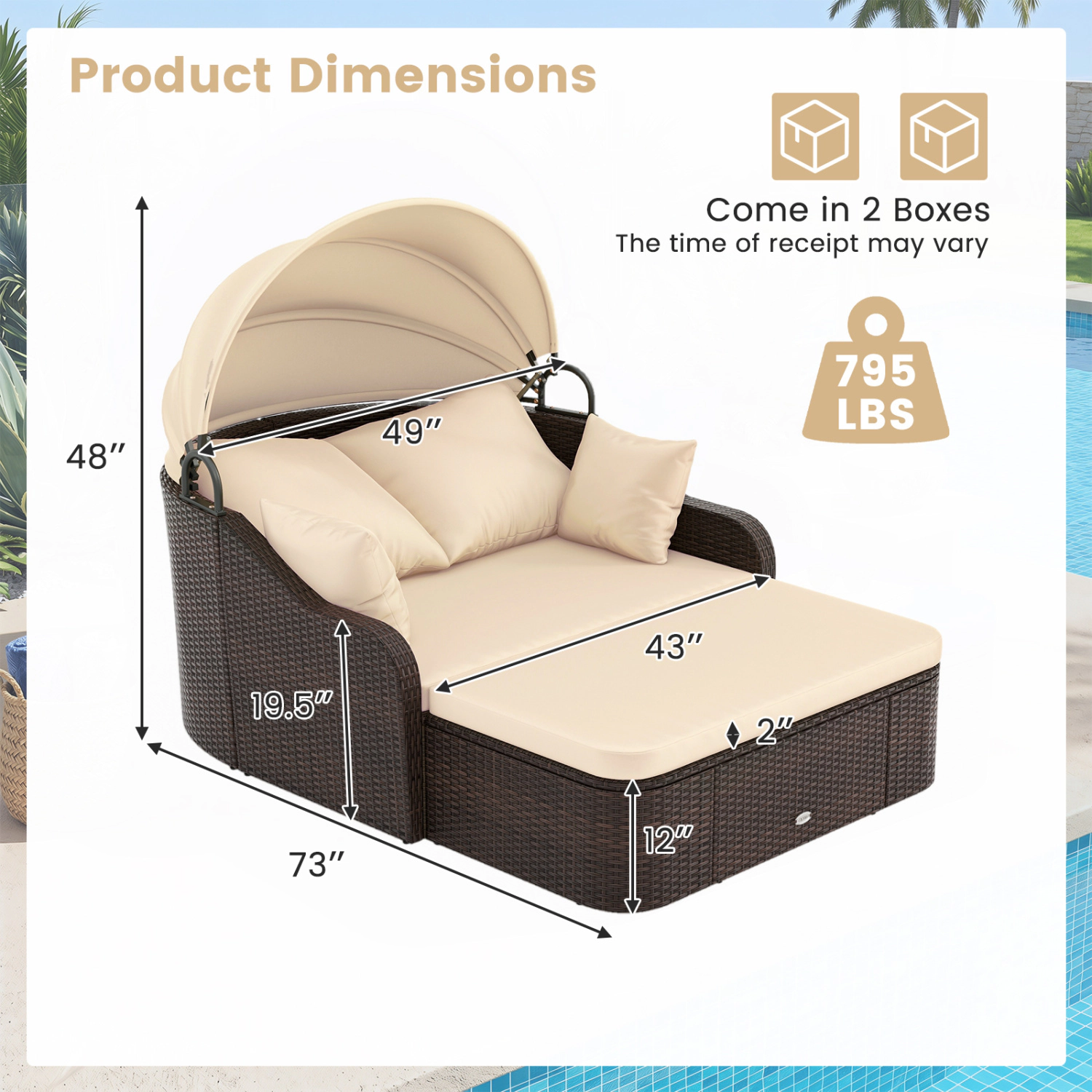 LJG Patio PE Rattan Daybed with Retractable Canopy and Soft Cushions