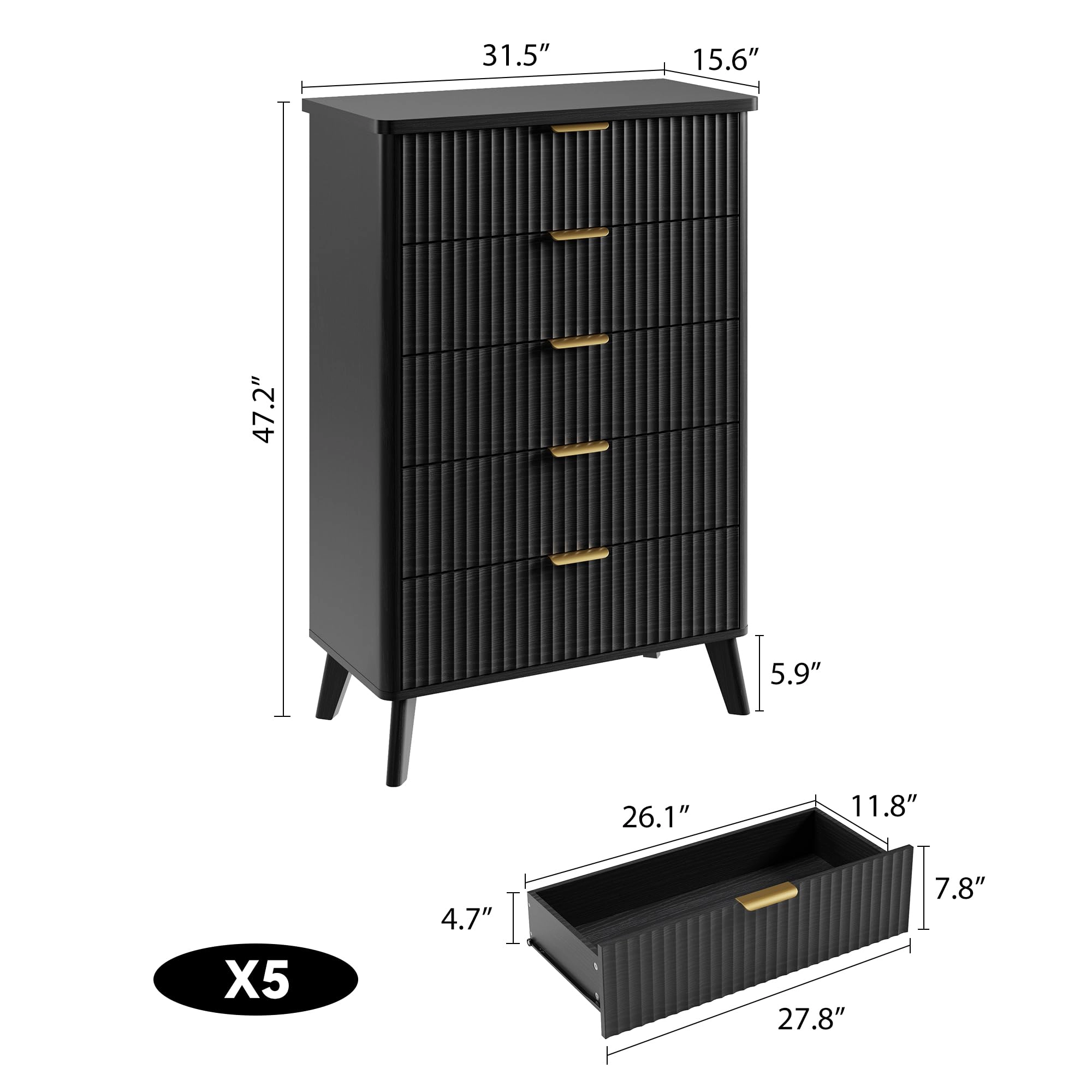 Fluted 5 Drawer Dresser, Curved Profile Design 47.2" Tall Wooden Chest for Bedroom Living Room Hallway