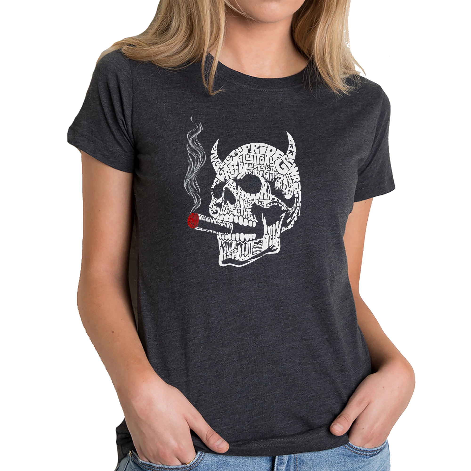 LA Pop Art Women's Cotton/Poly Blend Word TShirt - 7 Deadly Sins Skull