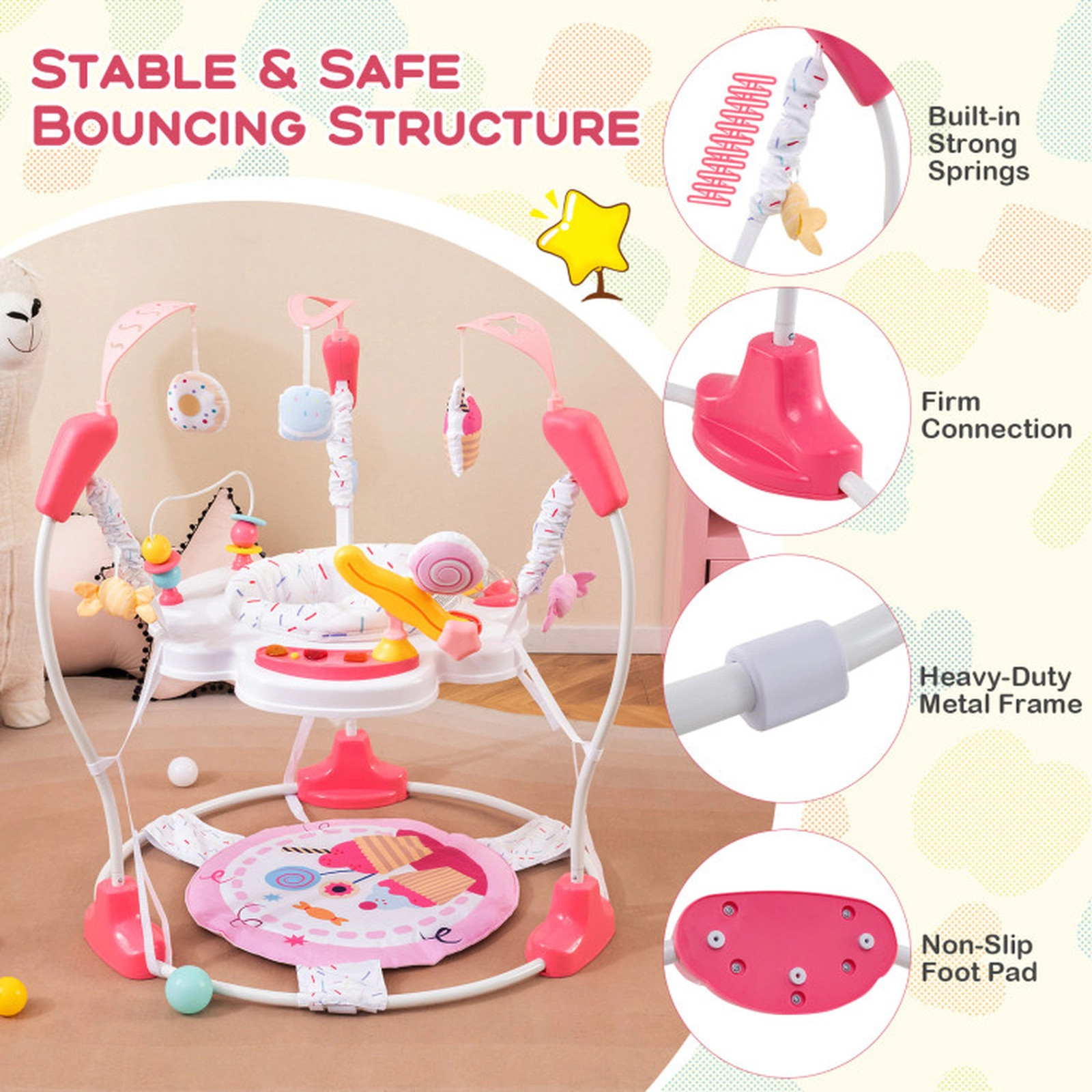 SUGIFT Baby Pink Bouncing Saucer Activity Center with Music Tray and 10 Toys 34.5-in Dia 26-lb Seat Capacity