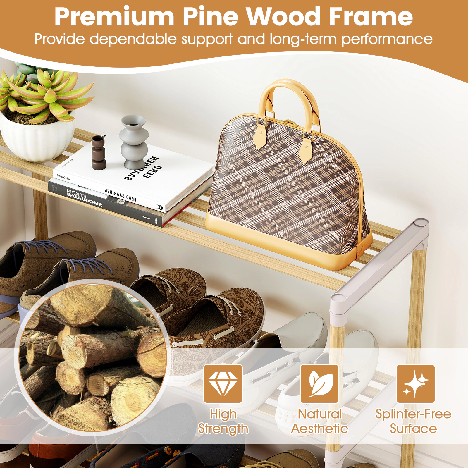 SUGIFT 3-Tier Natural Solid Wood Free Standing Slatted Shoe Rack Organizer for Entryway and Closet