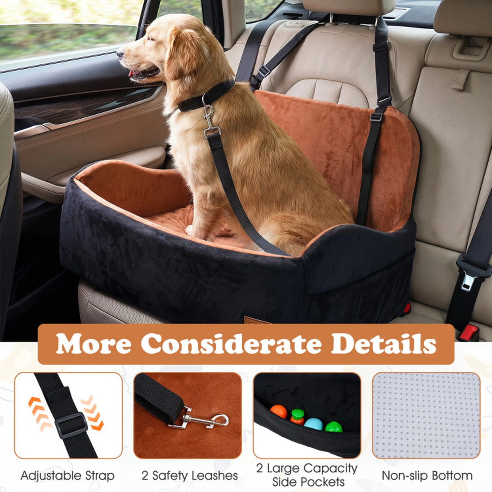 SUGIFT 32 x 21-in 55-lb Capacity Brown Elevated Foam Dog Booster Car Seat with 2 Safety Leashes and Side Pockets