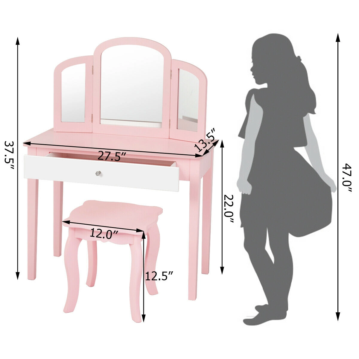 SUGIFT Pink Tri-Folding Mirror and Stool Kids Princess Makeup Dressing Table