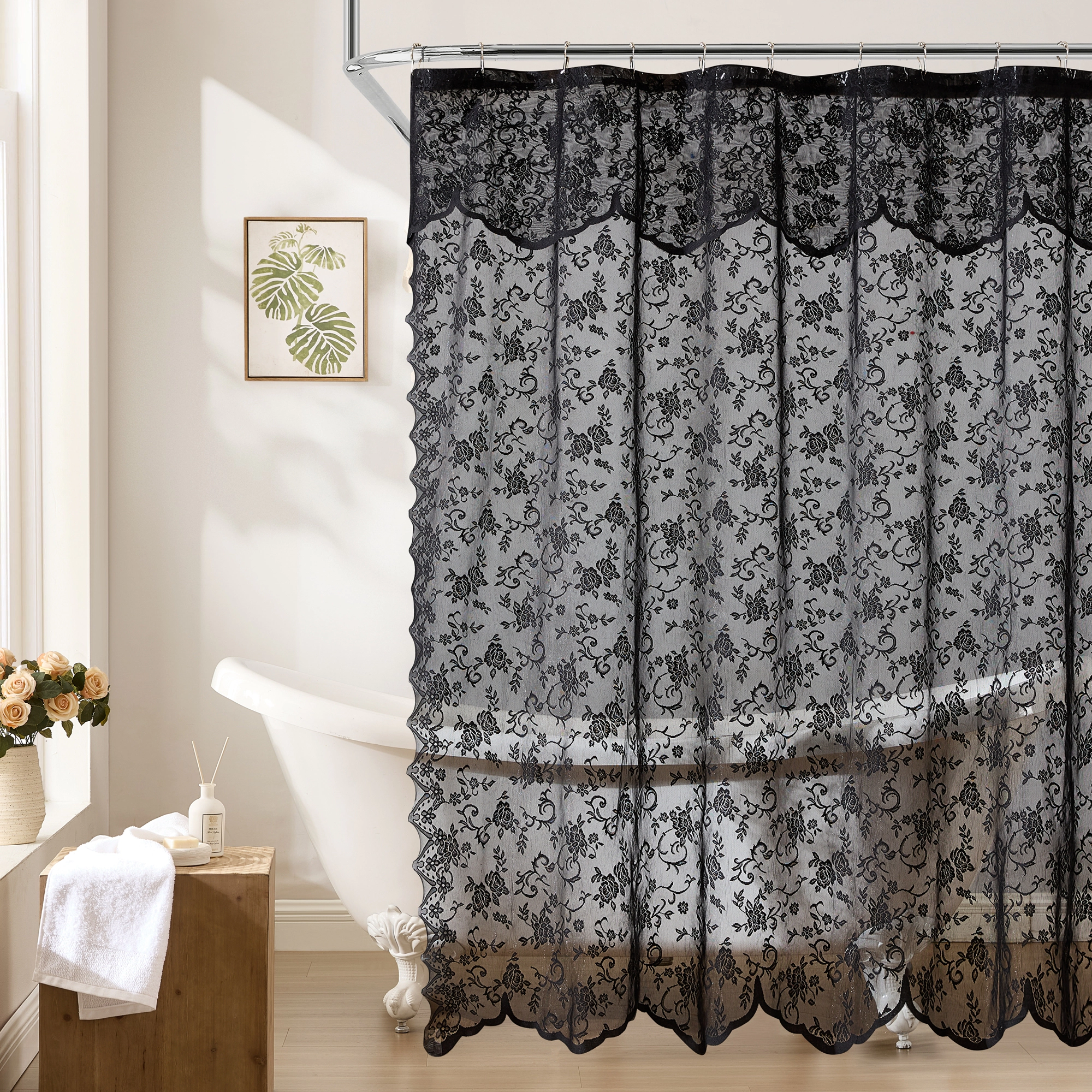 HLC.ME Harper Victorian Lace Shower Curtain with Floral Vine Design and Attached Valance