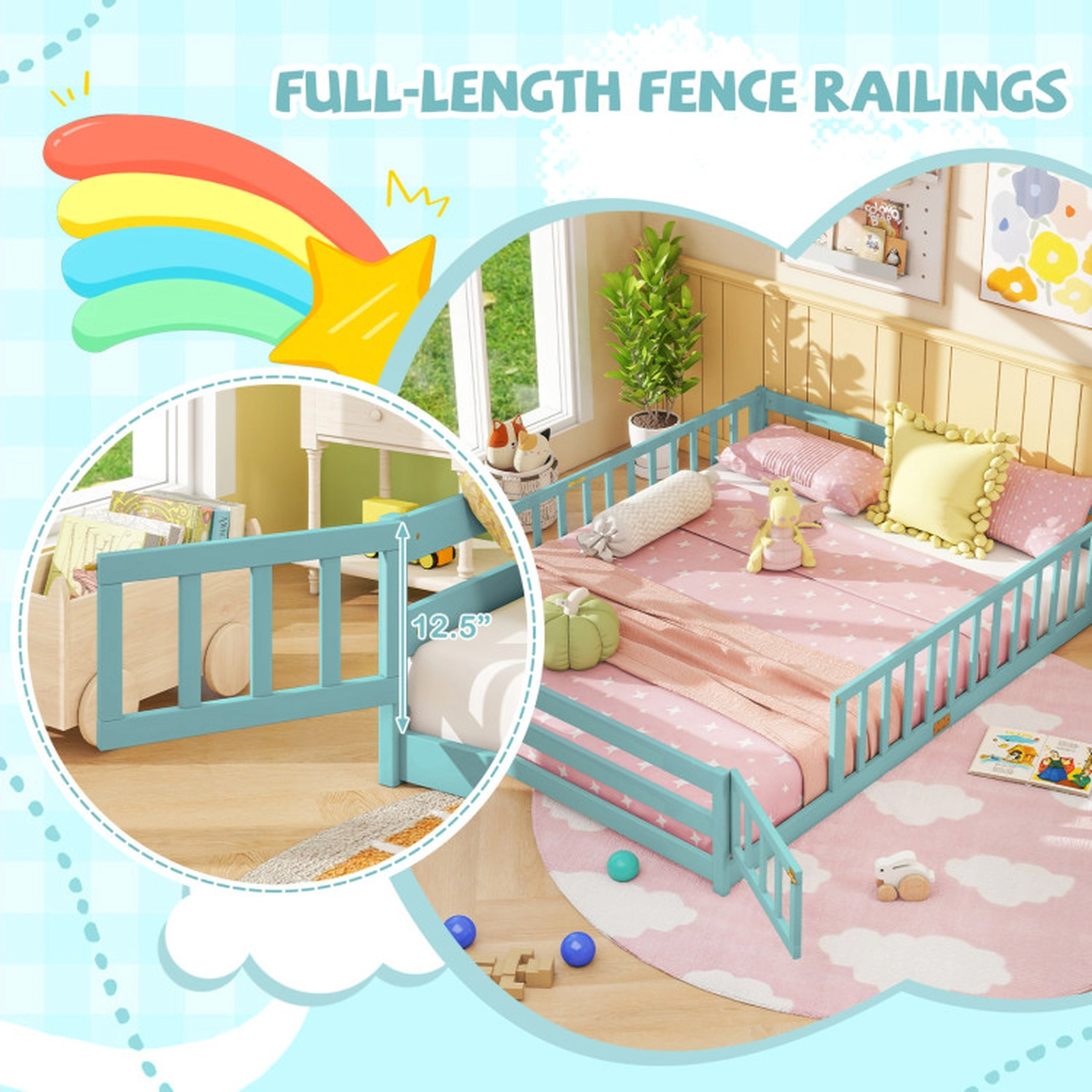 SUGIFT Turquoise Full-Length Guardrails and Lockable Door Queen Kids Montessori Floor Bed Frame