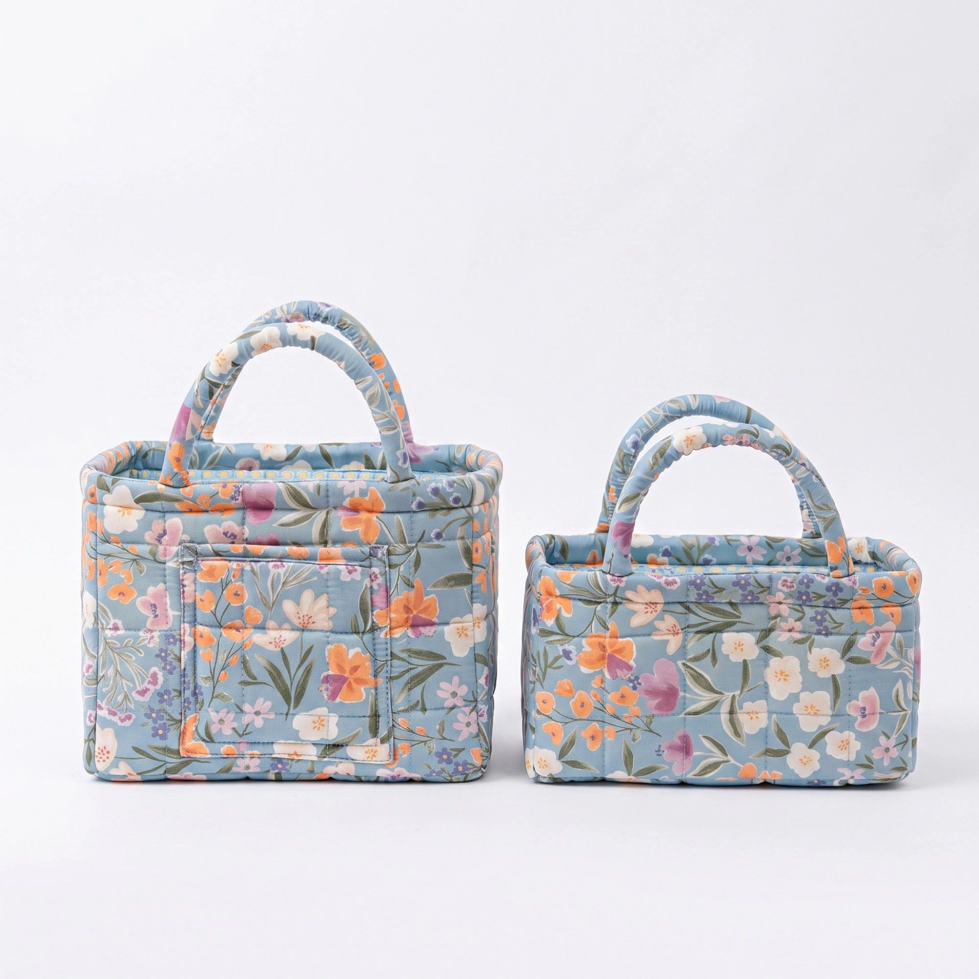 Alilang Unisex 2 Piece Quilted Floral Storage Tote Set with Handles and Front Pocket