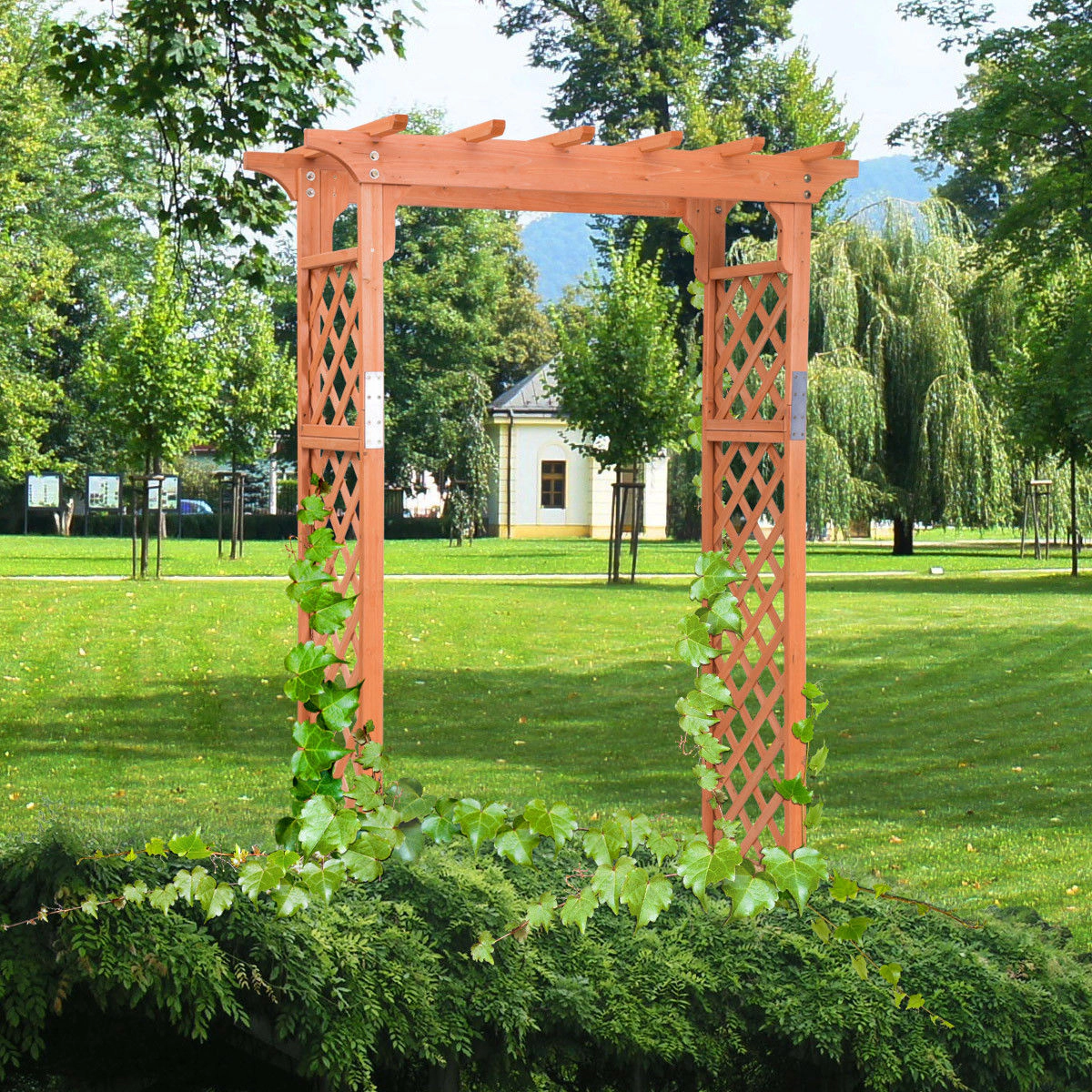 SUGIFT 7-Ft Natural Wooden Garden Arbor Pergola with Rhombus Lattice Side Panels 49-in W 32-in D 88-in H