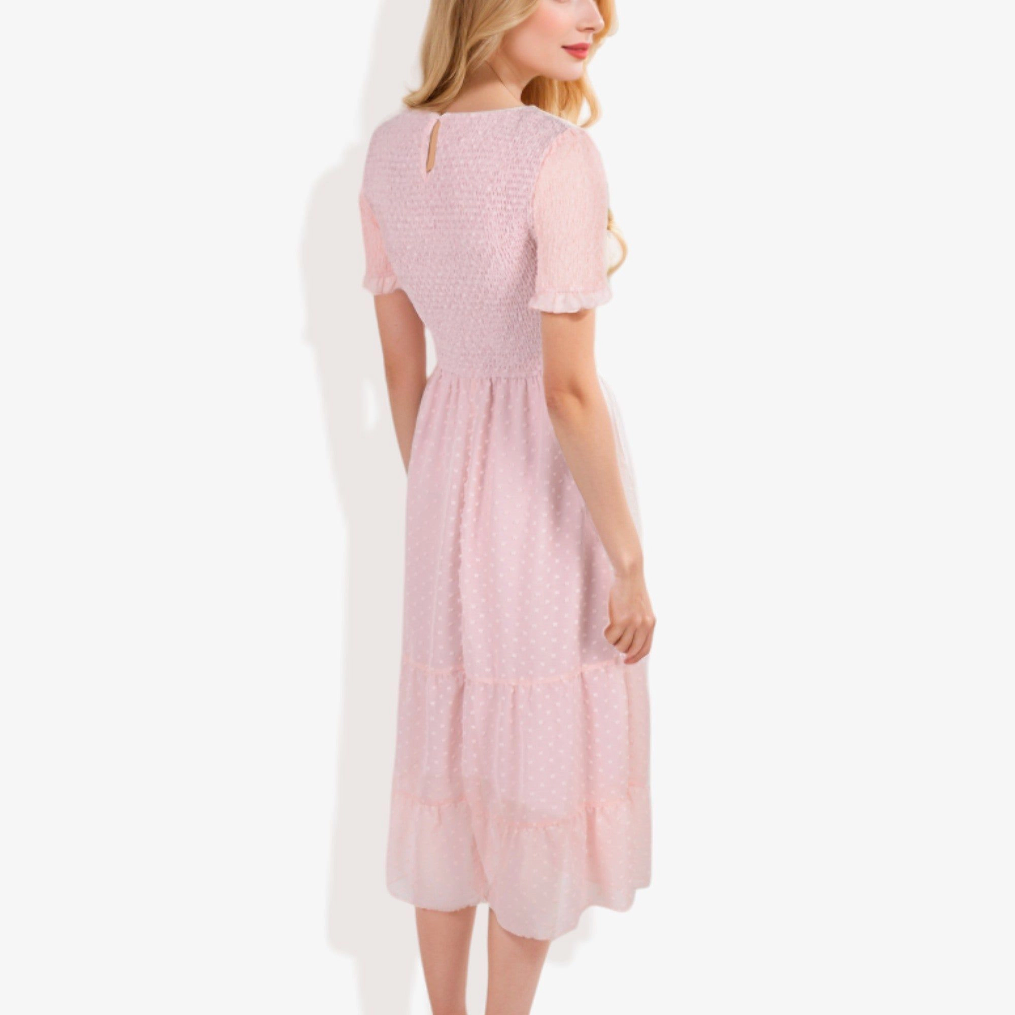Anna-Kaci Women's Short Sleeve Smocked Dress with Swiss Dot and Ruffle Hem