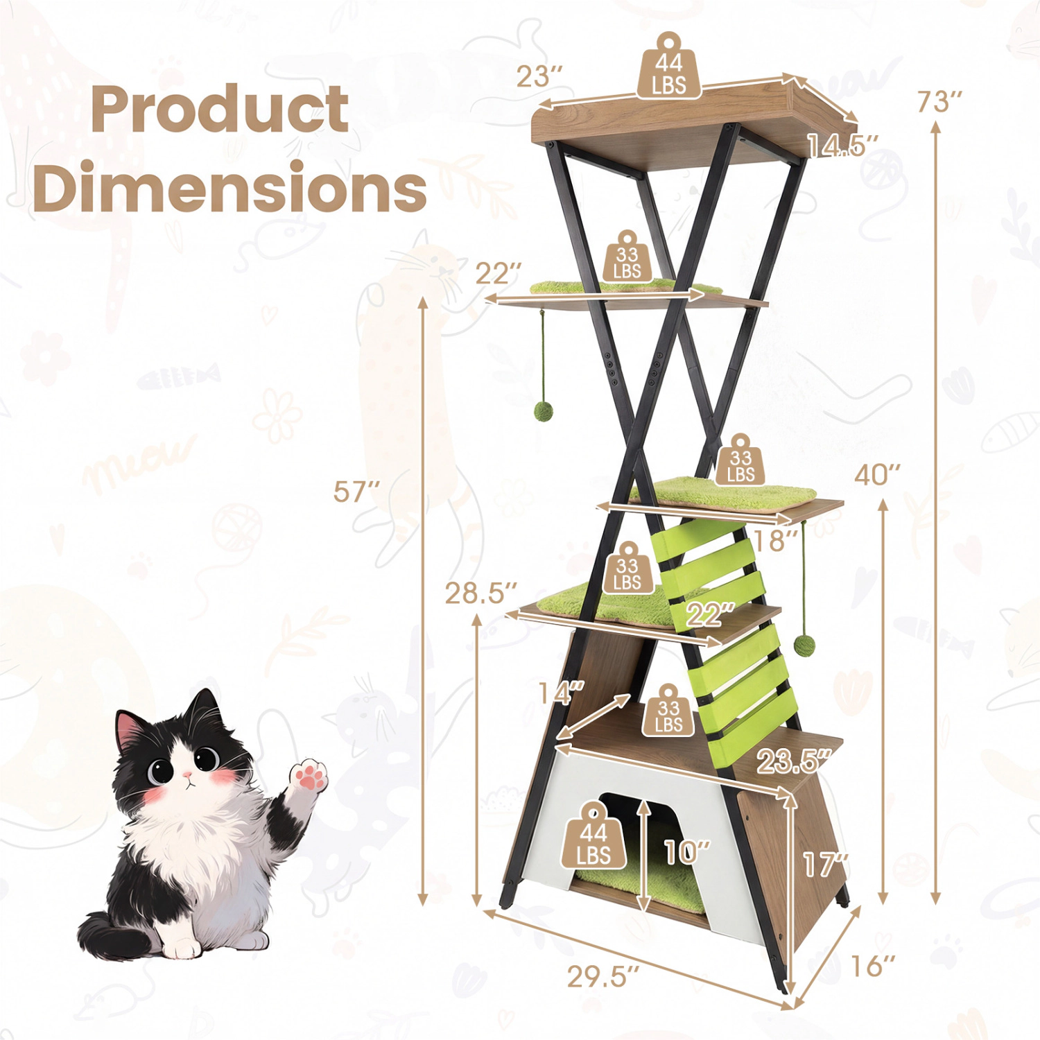 SUGIFT 73-in Extra Tall Cat Tree with Large Condo Guardrail Perch Metal Frame and Anti-Tip Device