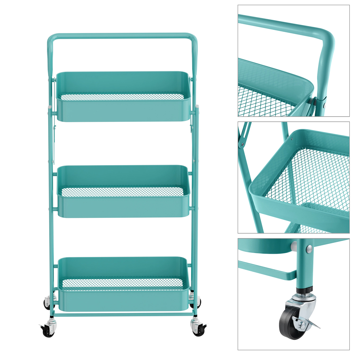 Mega Casa Foldable Rolling Cart 3-Tier Utility Storage Multifunctional Metal Bin Organizer Carts