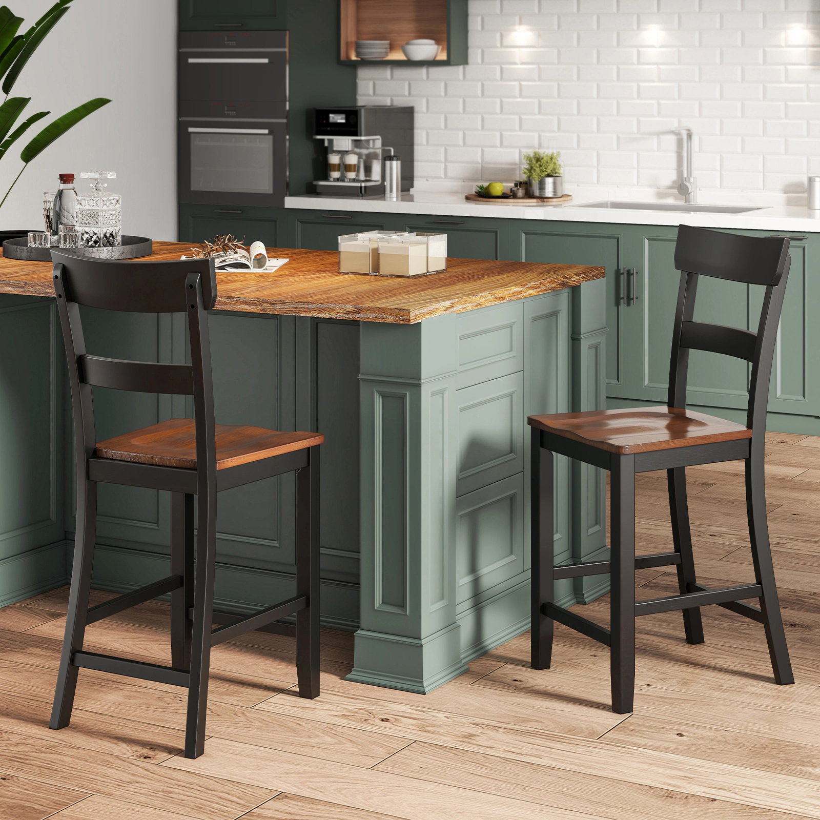 SUGIFT Black Solid Rubber Wood Frame Set of 2 Farmhouse Counter Height Bar Stool