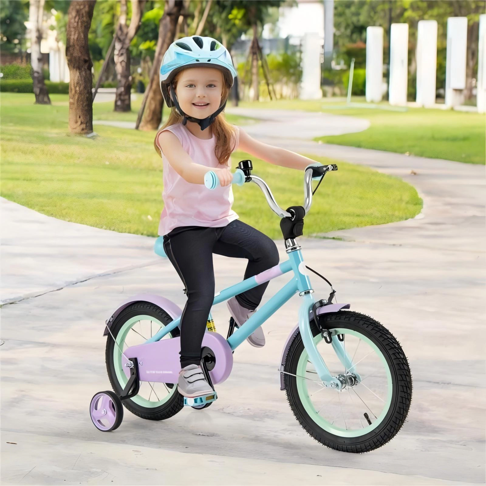 SUGIFT 14-Inch Kids Bike, Adjustable Saddle and Handlebars, Dual Brakes, Training Wheels, Blue and Purple
