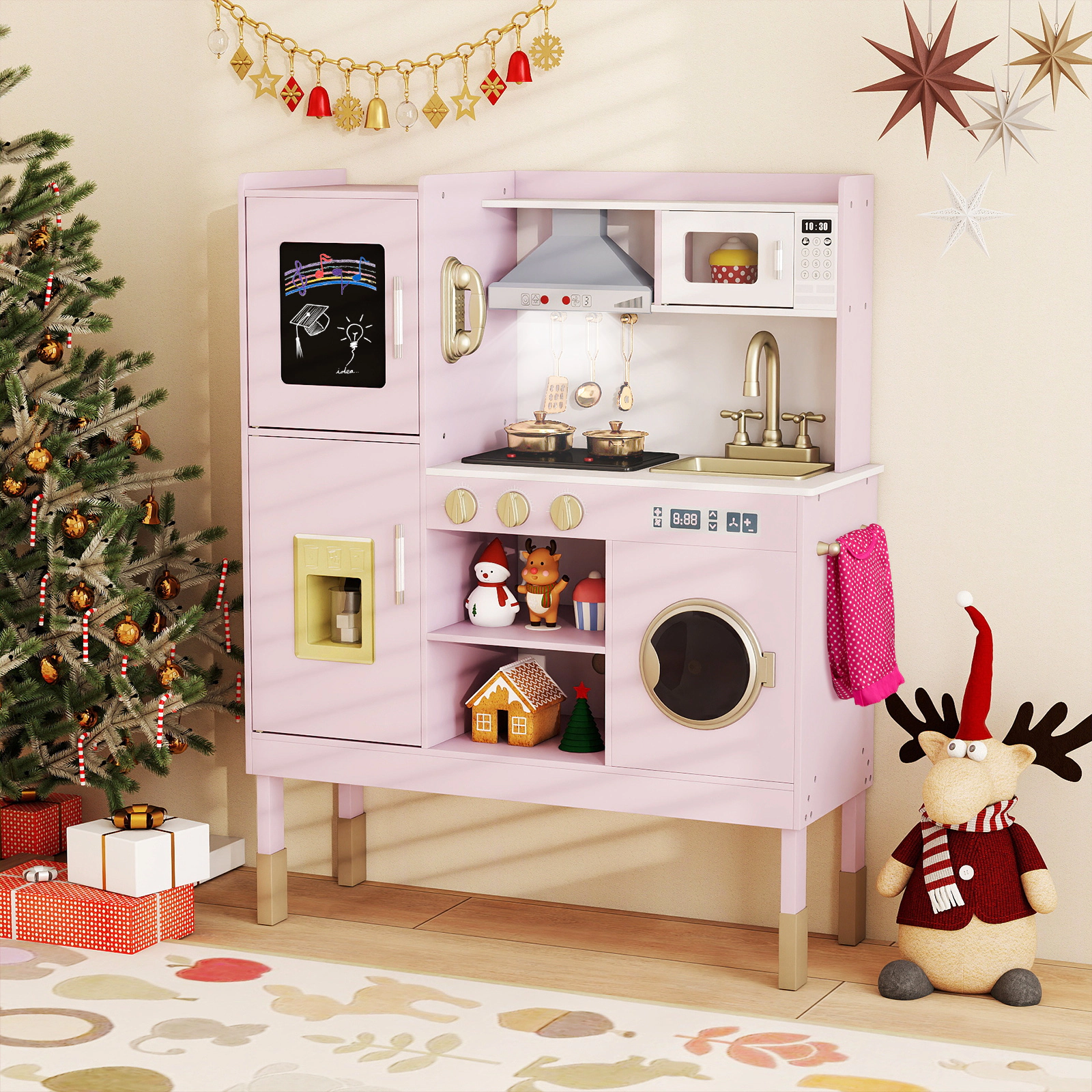 Toy Kitchen Playset for Toddlers Ice Maker Telephone Chef Hat Apron 21-in Counter 32.5-in x 11.5-in x 40.5-in Light Pink
