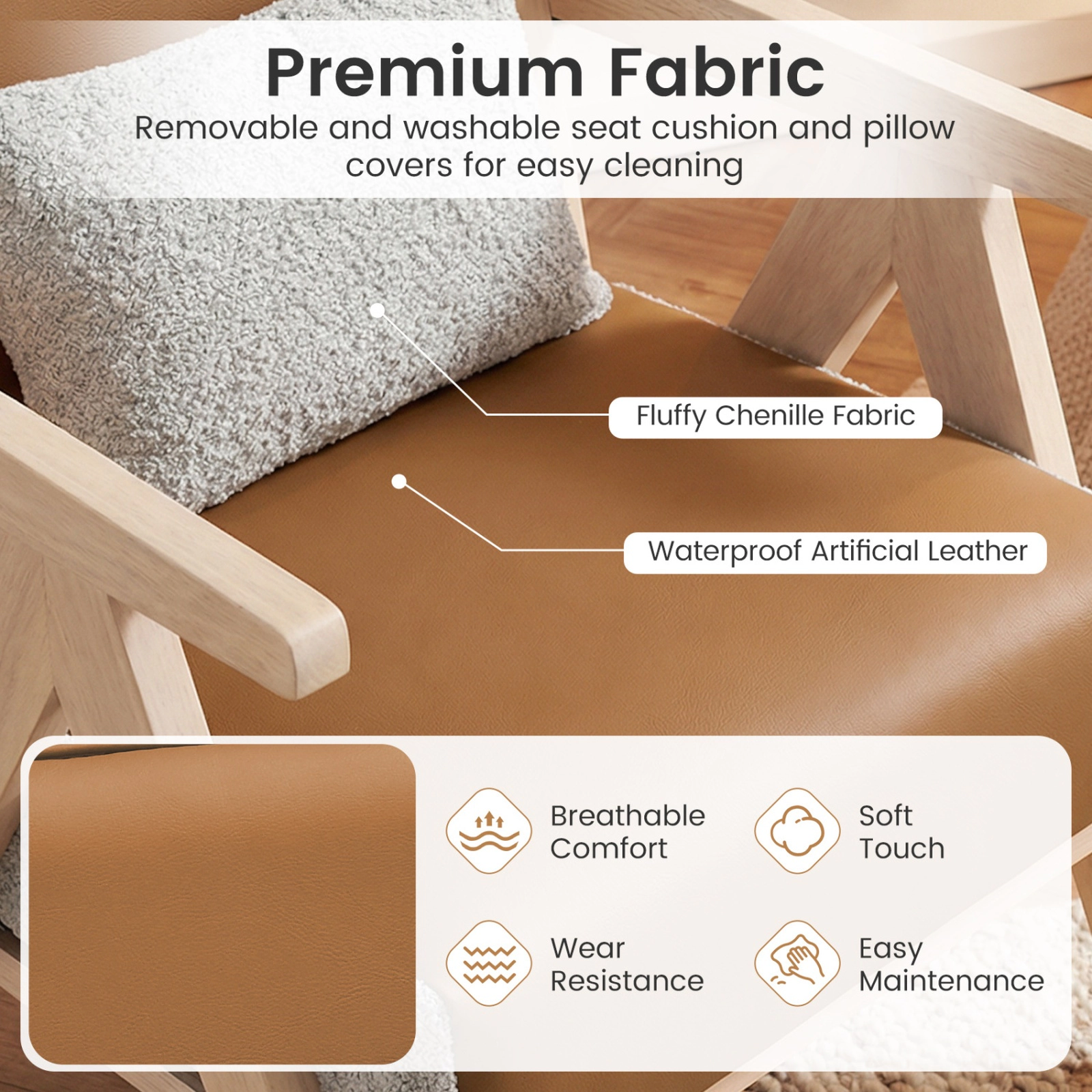 SUGIFT Mid-Century Modern Accent Chair Artificial Leather Sofa Chair with Rubber Wood Frame 440-lb Capacity Brown