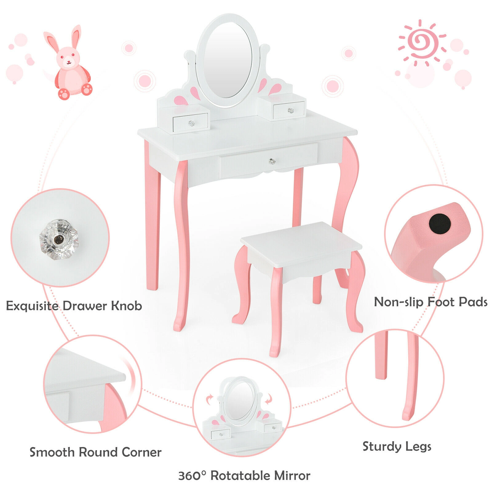 SUGIFT Kids Vanity Table and Stool Set White with 360 Degree Rotatable Detachable Mirror