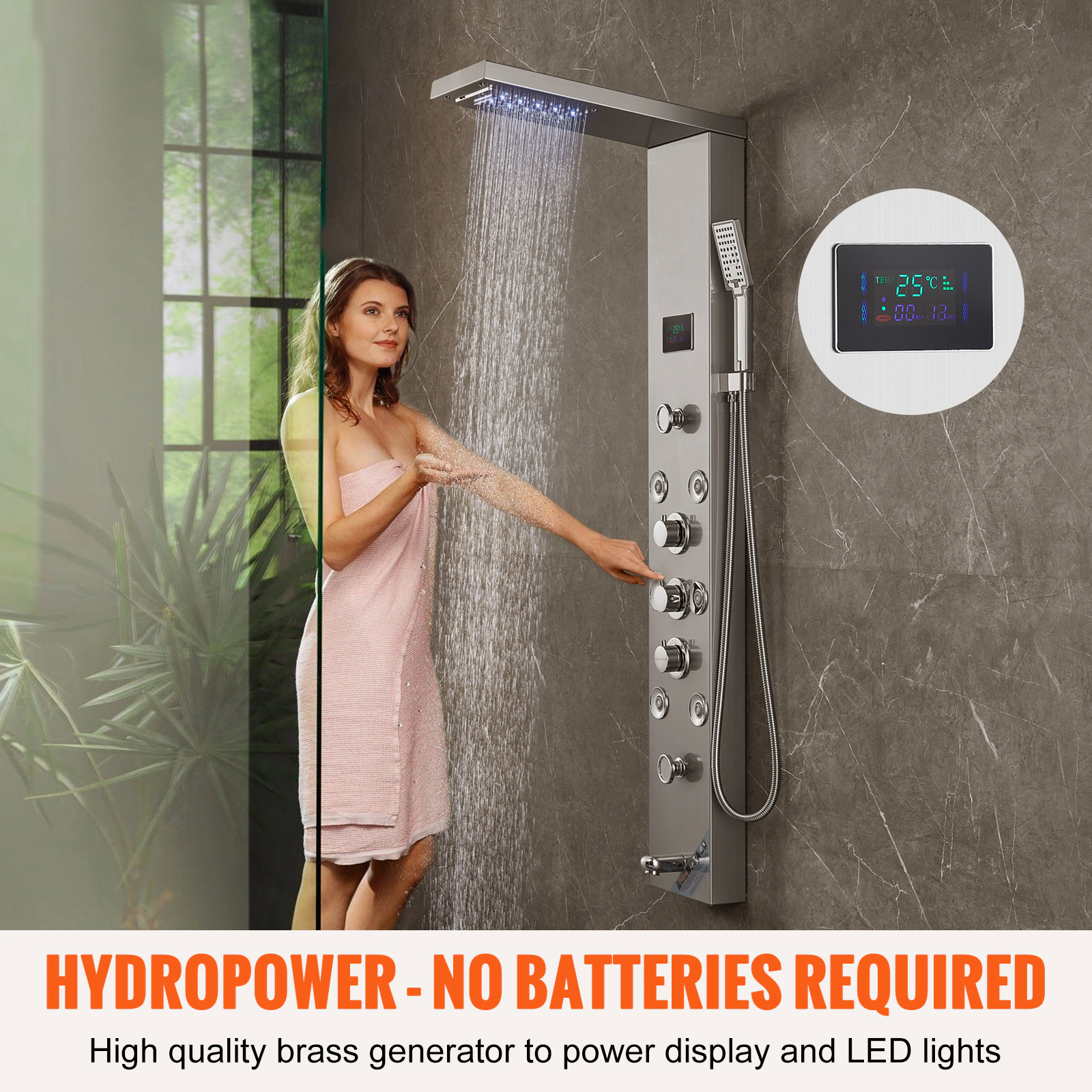 HONGGE 6-Mode LED Shower Tower Panel, Rainfall, Waterfall & 8 Massage Jets
