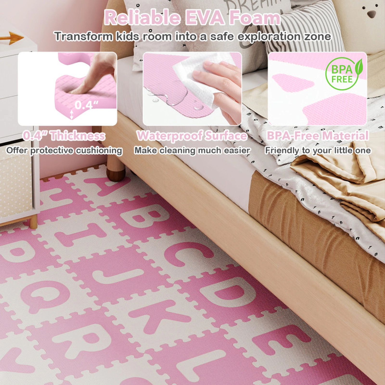 SUGIFT Kids Pink 26-Piece Interlocking Alphabet Foam Play Mat with Detachable Letters 12.5-in W 12.5-in D 0.4-in H