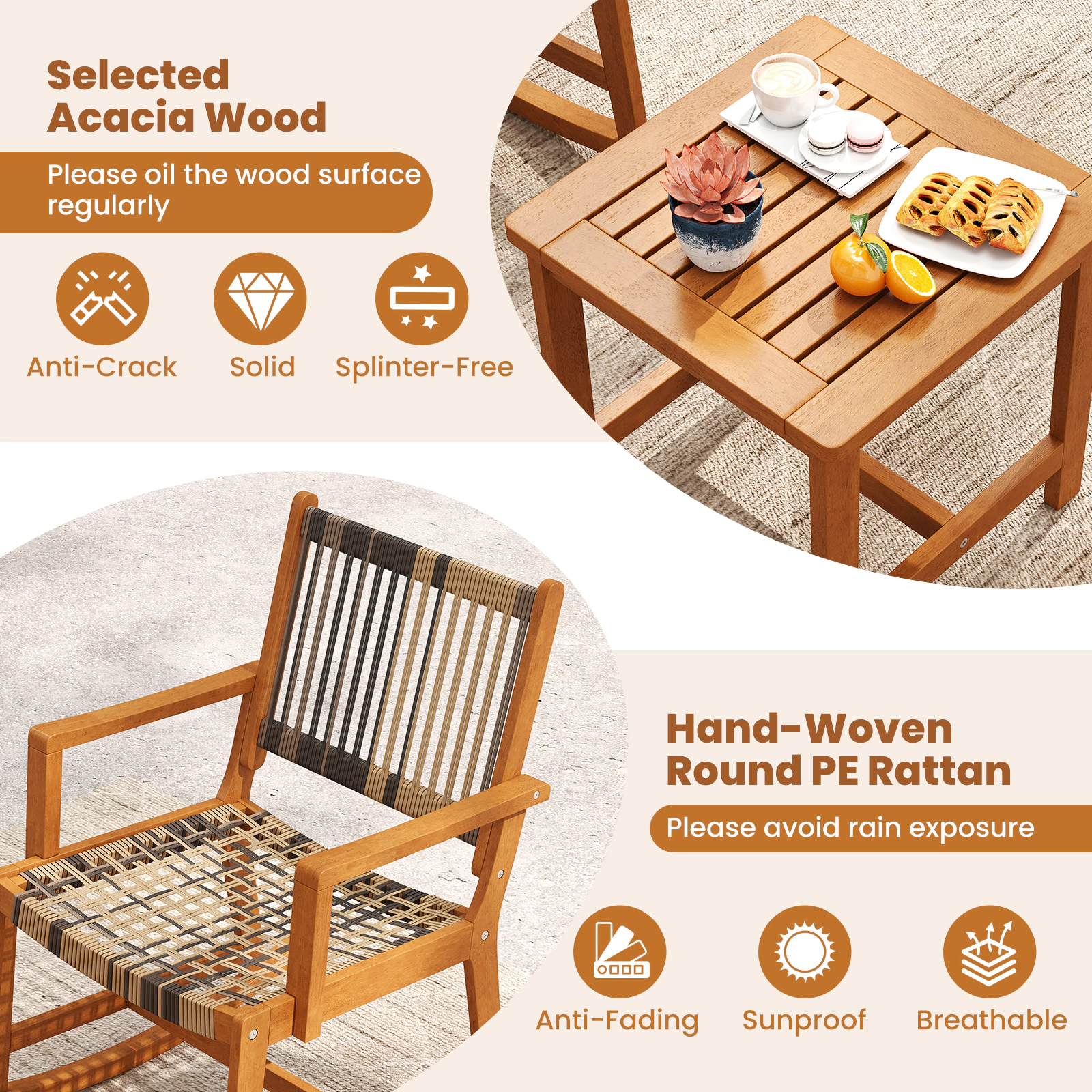 SUGIFT 3-Piece Acacia Wood Outdoor Rocking Chair Set, PE Rattan Seats and 18-Inch Side Table