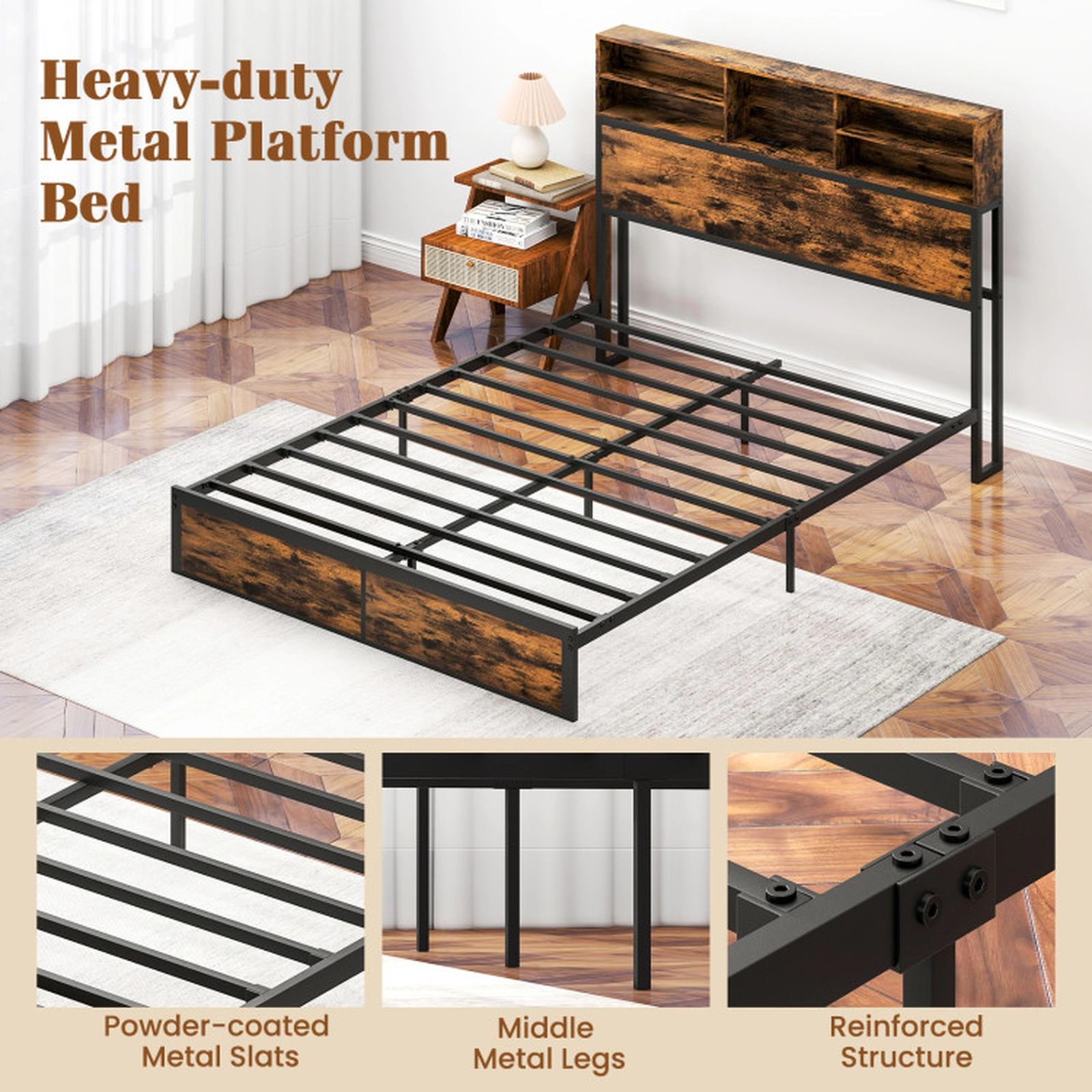 SUGIFT Storage Headboard Metal Platform Bed Frame 660-lb Capacity Queen Rustic Brown with Outlets and USB