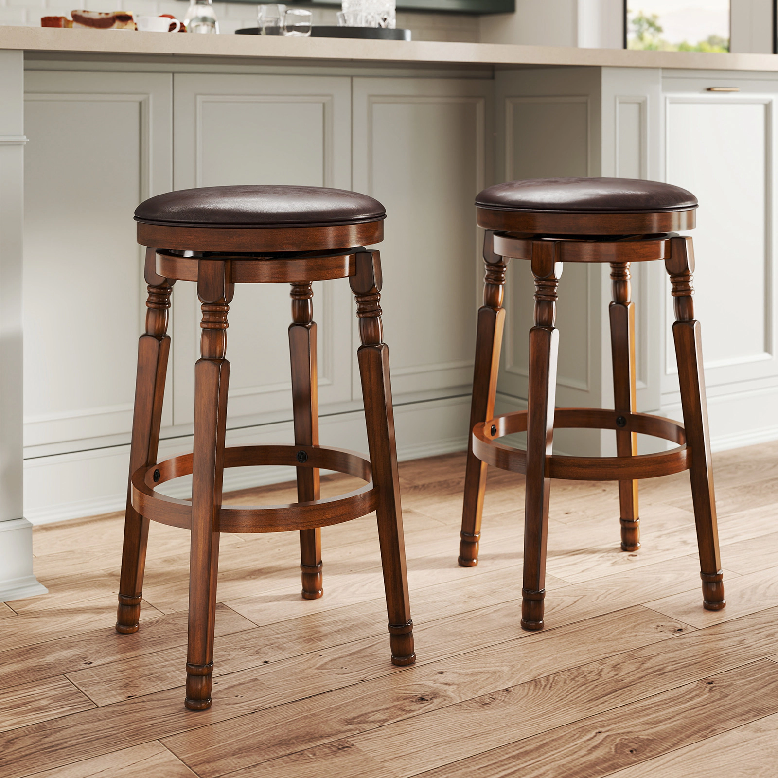 SUGIFT Set of 2 Walnut 29-in PU Leather Padded Swivel Bar Stools with Ultra-Wide Seat Base and Footrest
