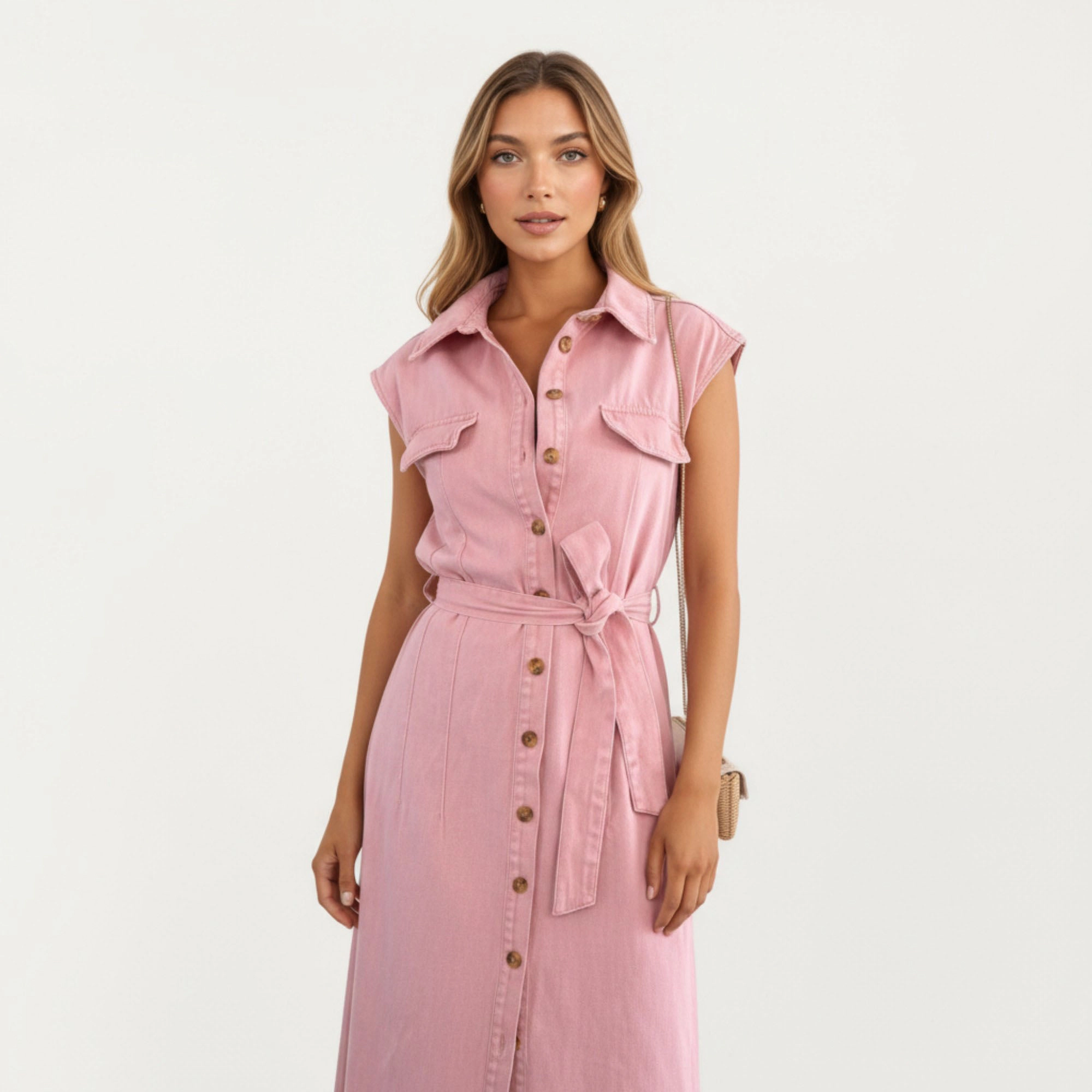 Anna-Kaci Womens Sleeveless Button-Front Denim Maxi Dress with Waist Tie
