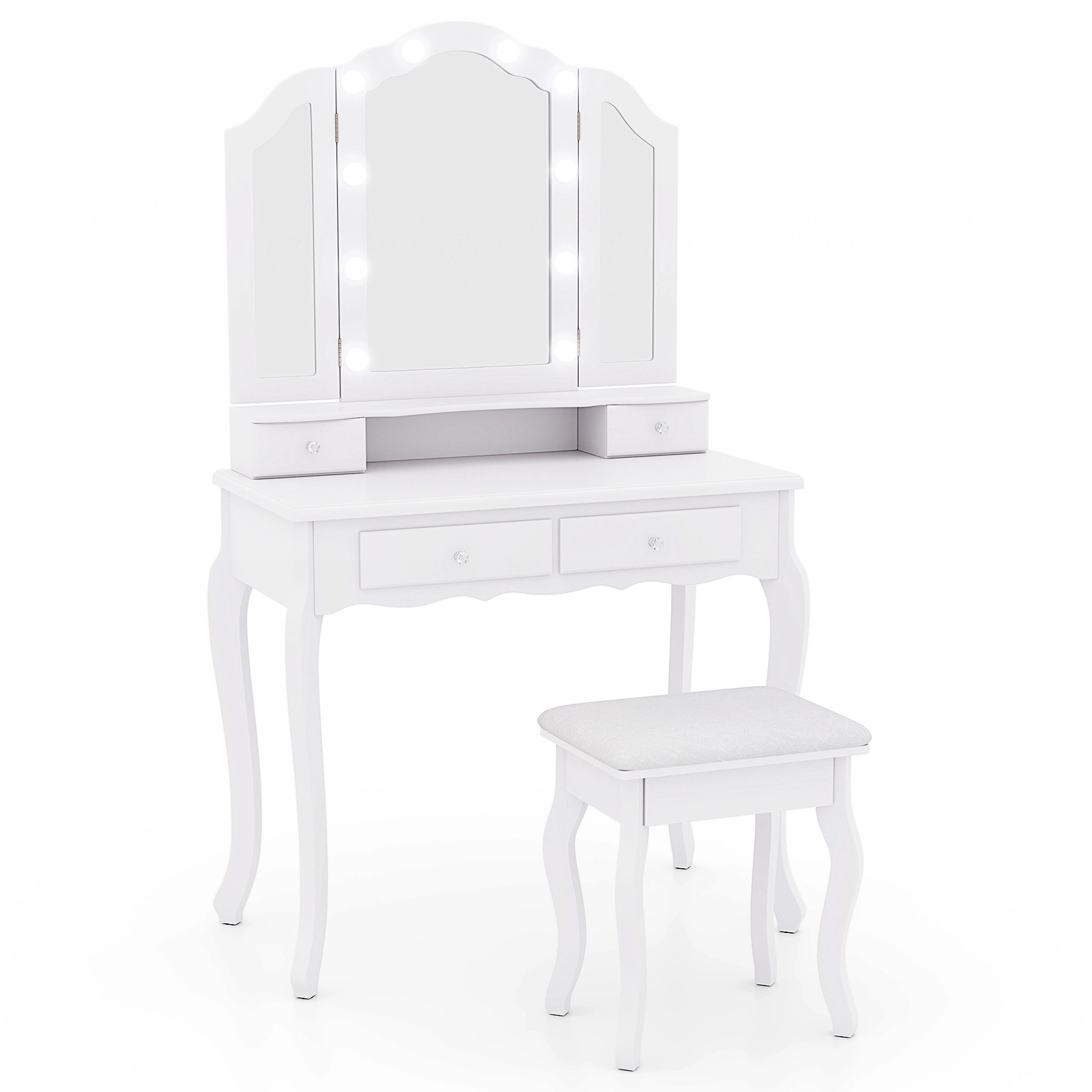 SUGIFT Makeup Vanity Set, 54.5-in Table, Lighted Tri-Fold Mirror, Drawers and Stool