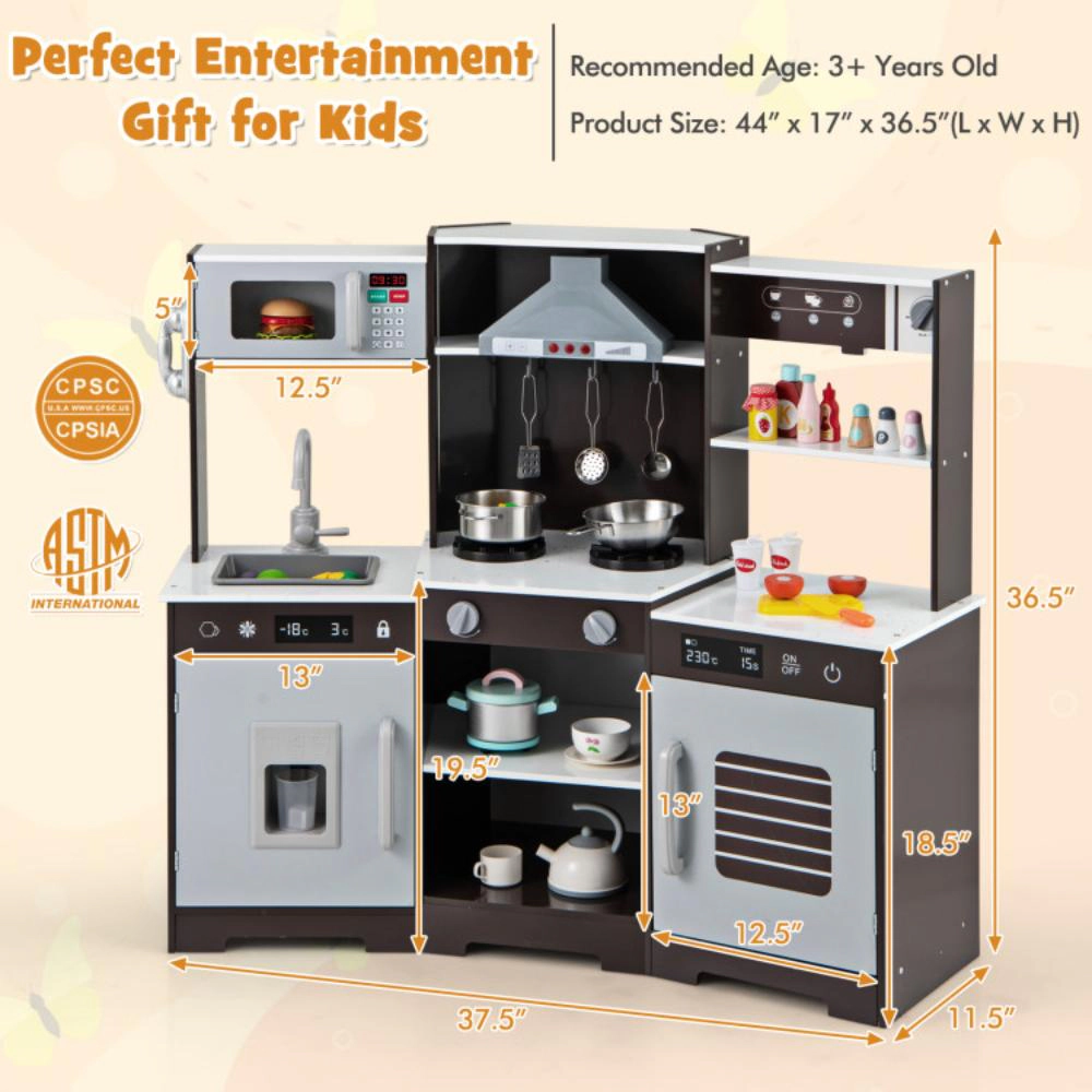 Hivvago Pretend Play Kitchen Wooden Toy Set with Range Hood Real Sounds and Lights