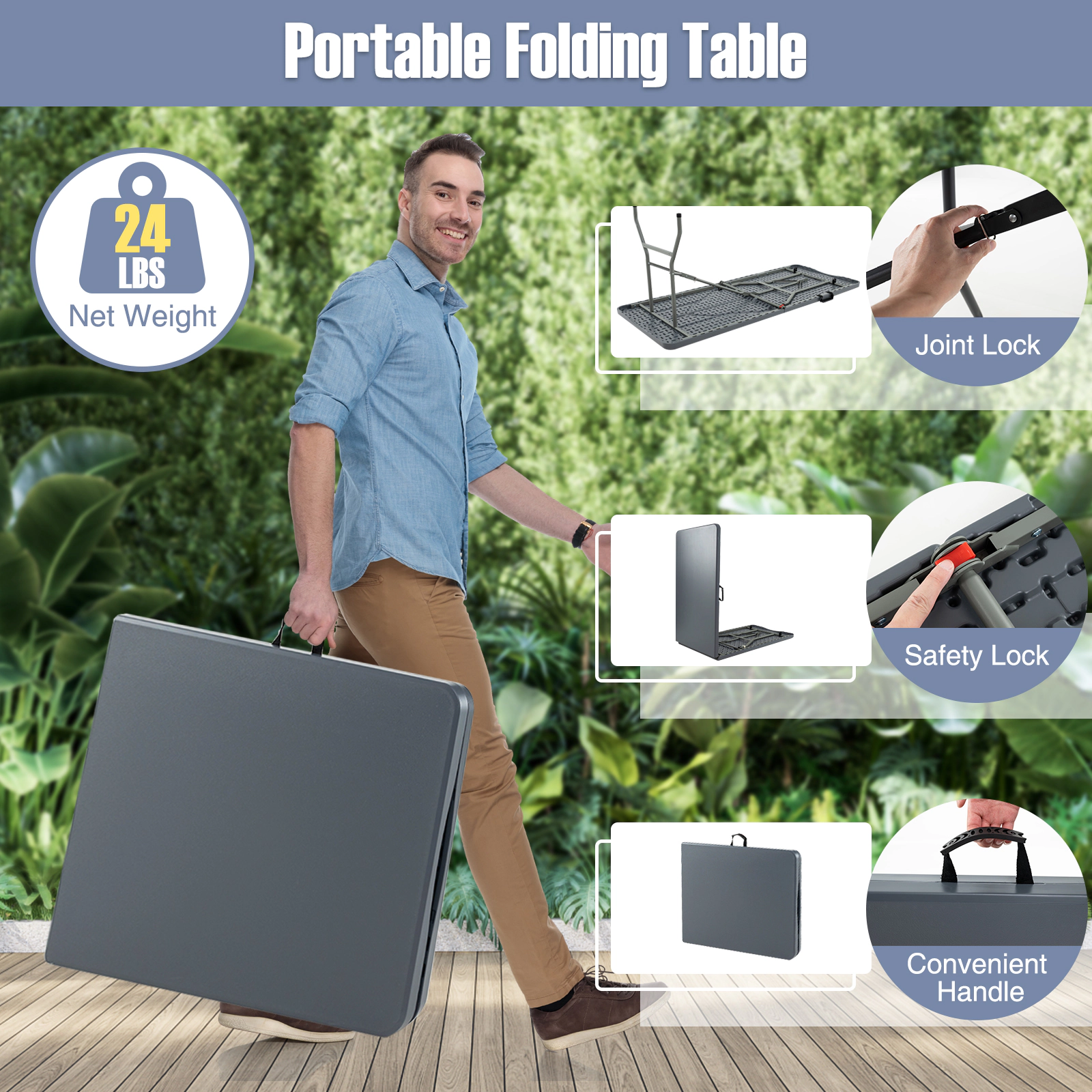 SUGIFT 6-Foot Gray Folding Table, 350-lb Capacity, HDPE Top, Carrying Handle