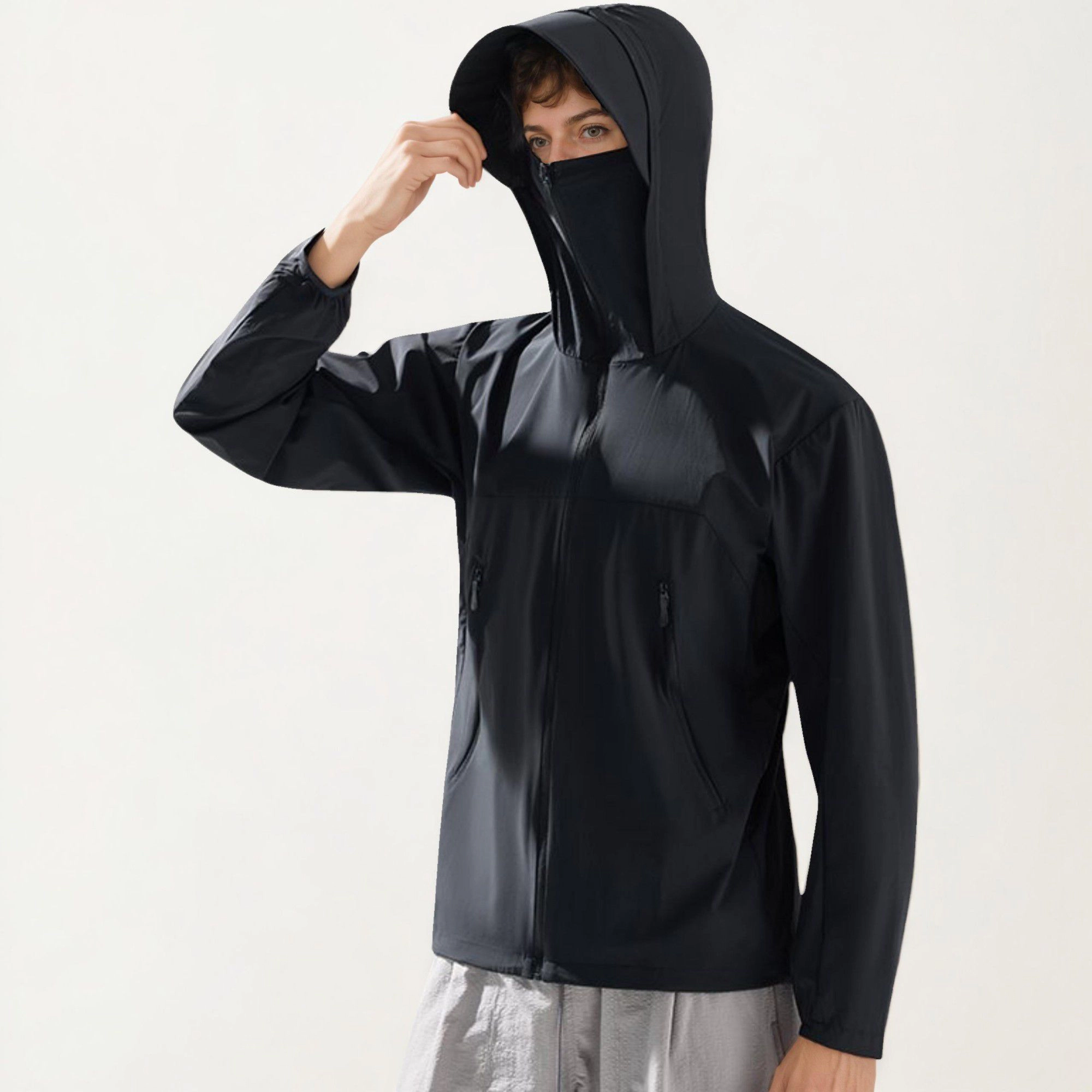 Anna-Kaci Men's Lightweight Windbreaker Jacket with Hood Full Zip Closure Zipper Pocket Detail and Relaxed Fit