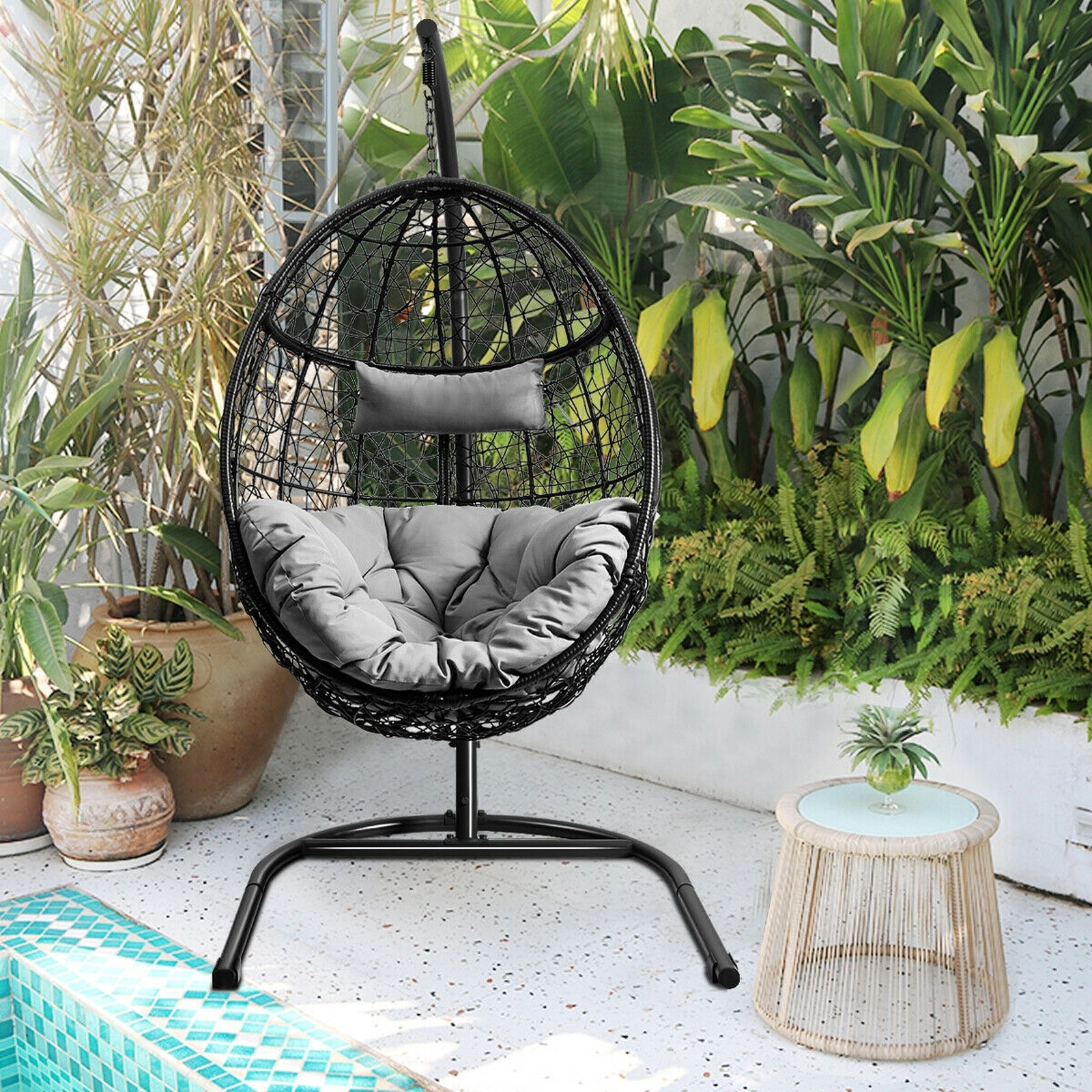 SUGIFT Gray Hanging Hammock Swing Chair with 81-in Alloy Steel Stand, Cushion and Pillow