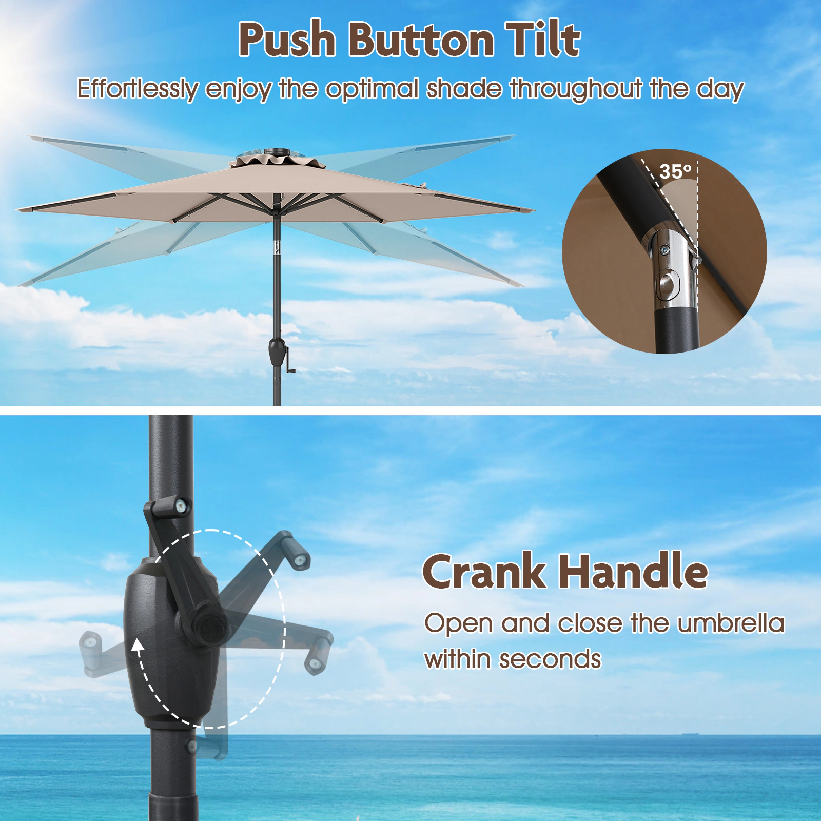 SUGIFT Tan 7.5 ft Solar Powered Patio Umbrella with 18 LED Lights and Crank Handle