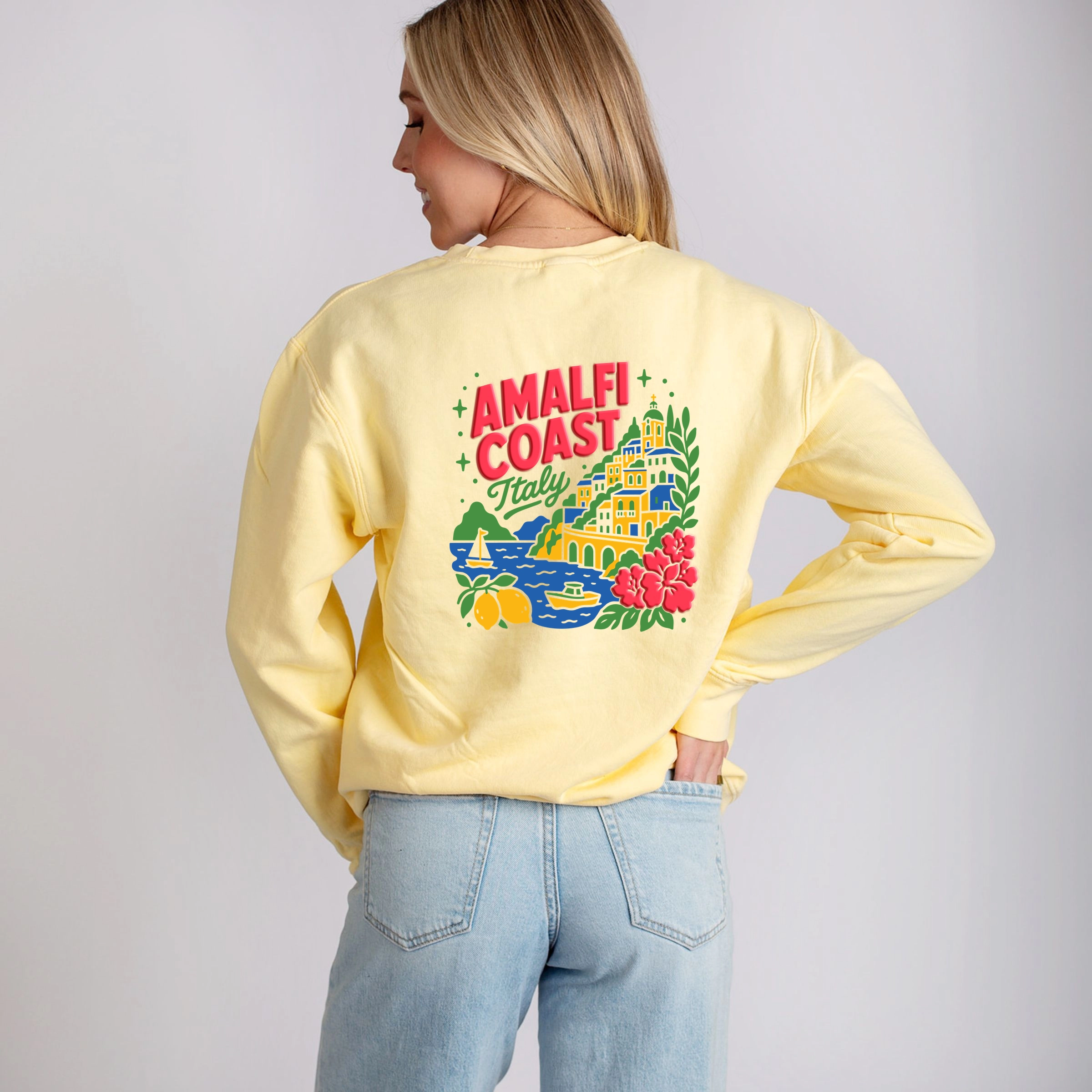 Simply Sage Market - Women's Lightweight Garment Dyed Sweatshirt Amalfi Coast Vibrant Puff Print