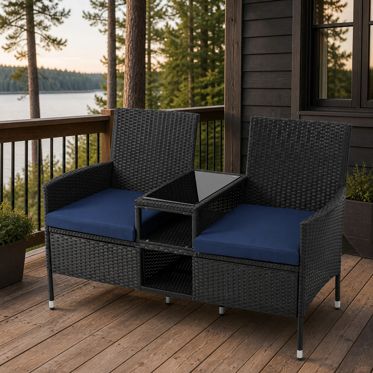 SUGIFT Navy Outdoor Wicker Loveseat with Built-In Glass Table and 2 Shelves